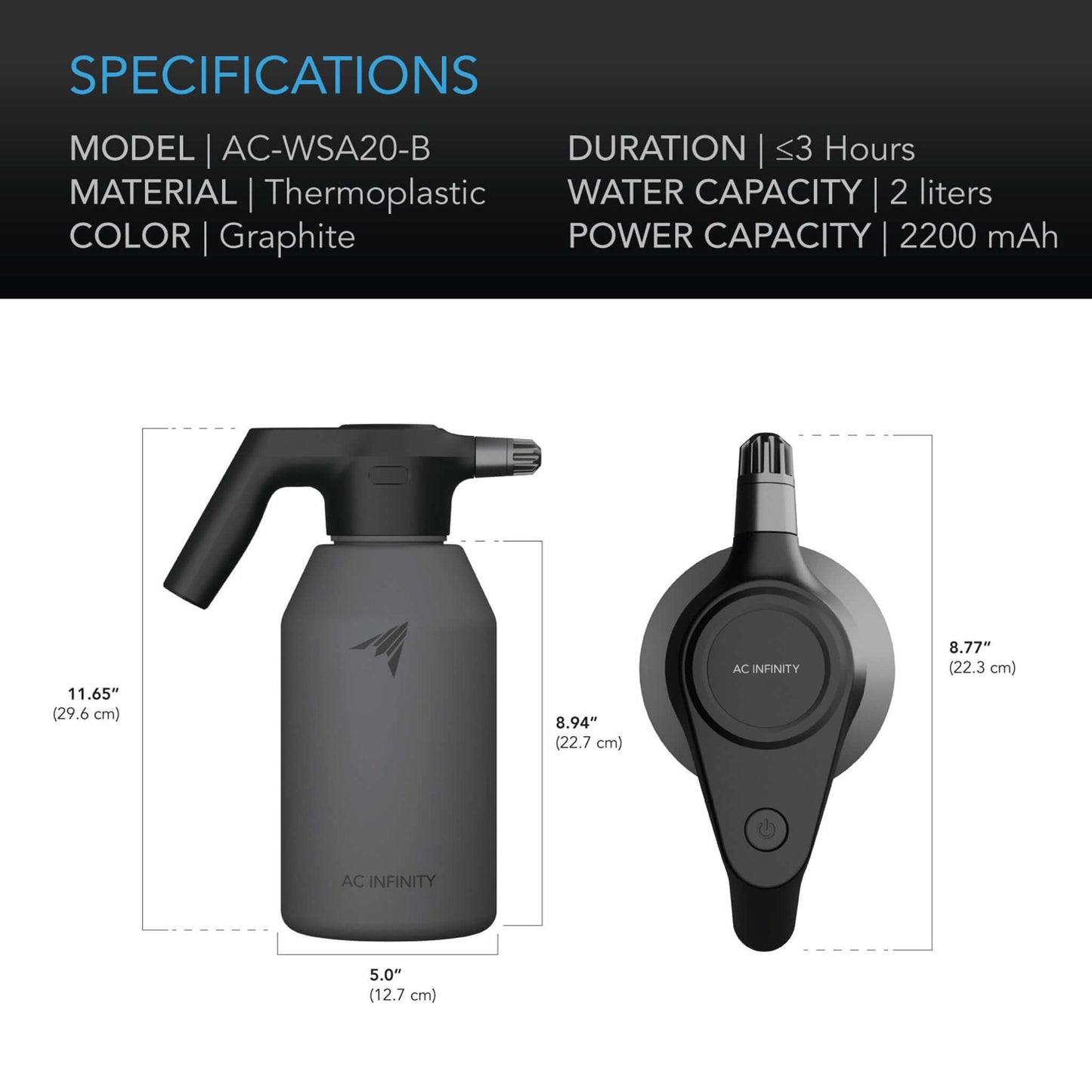 AC Infinity Automatic Water Sprayer, 2-Liter Electric Mister, Graphite