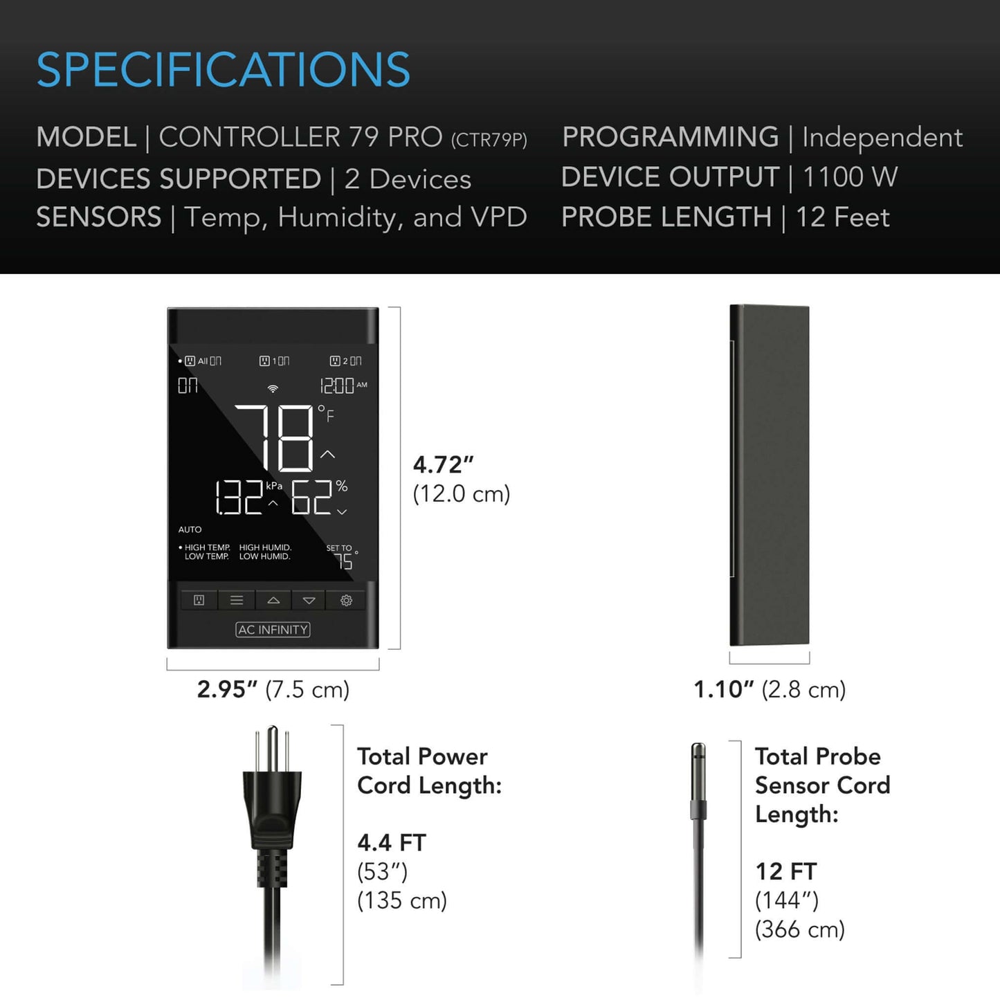 AC Infinity CONTROLLER 79 PRO, Independent Programs for Two Devices, Dynamic VPD, Temperature, Humidity, Scheduling, Data App, Bluetooth + WiFi