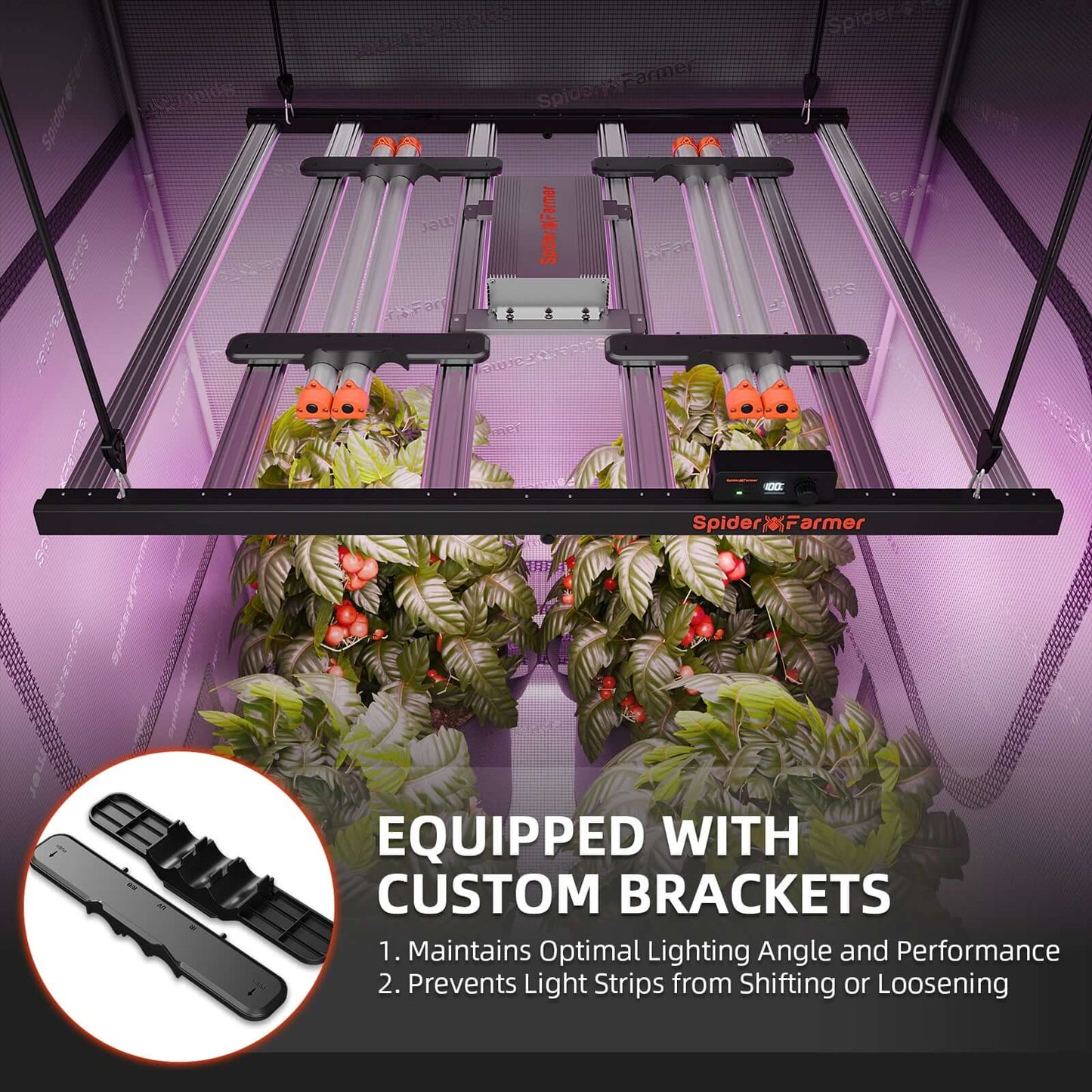 Spider Farmer UV30 & IR16 grow light bar set with custom brackets for optimal plant lighting and stability.