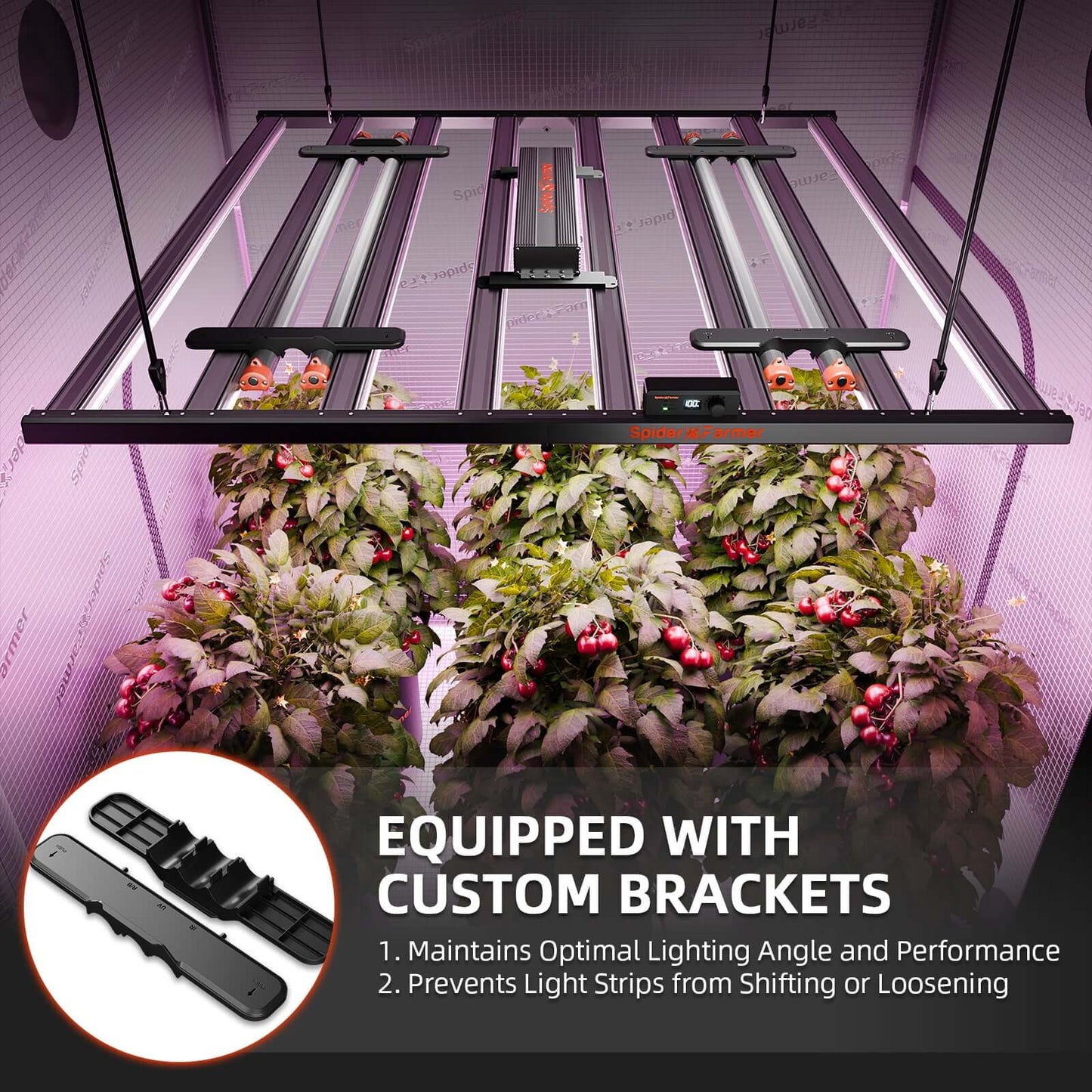 Spider Farmer UV60 & IR30 LED grow light bars with custom brackets for plant growth support.