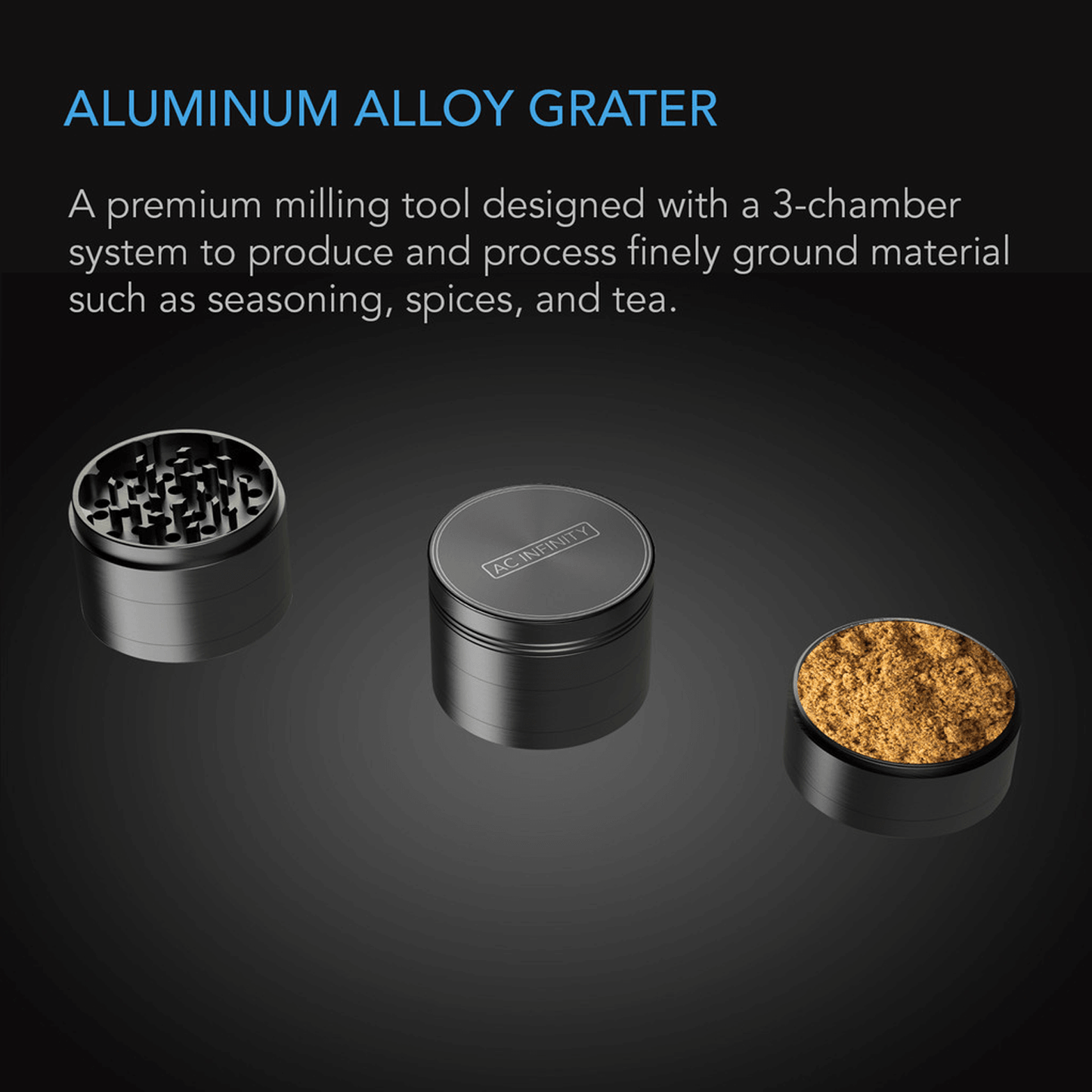 AC Infinity 3-Chamber Spice Grinder, Black, 2.5-Inch | AC-GDD25 | Grow Tents Depot | Harvest & Extraction | 819137023444