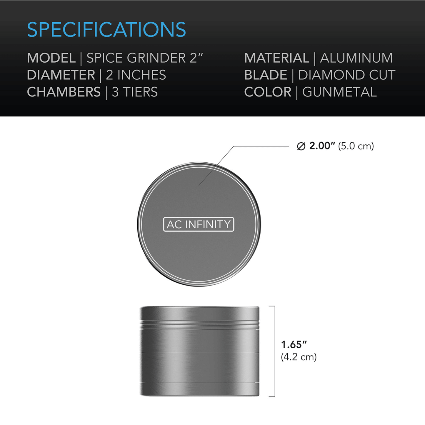 AC Infinity 3-Chamber Spice Grinder, Gunmetal, 2-Inch | AC-GDG20 | Grow Tents Depot | Harvest & Extraction | 819137022270