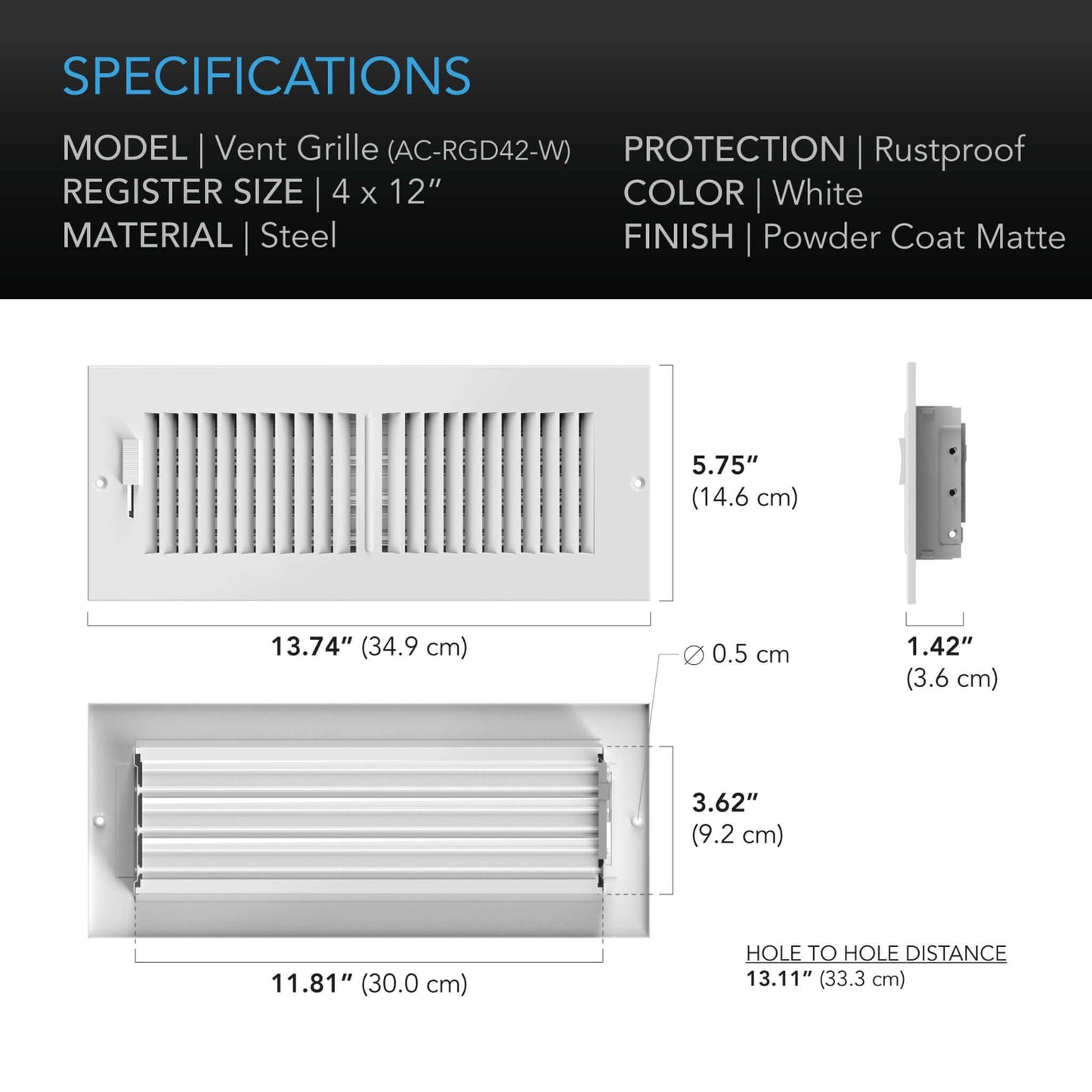 AC Infinity Register Ventilation Grille 4" x 12", White