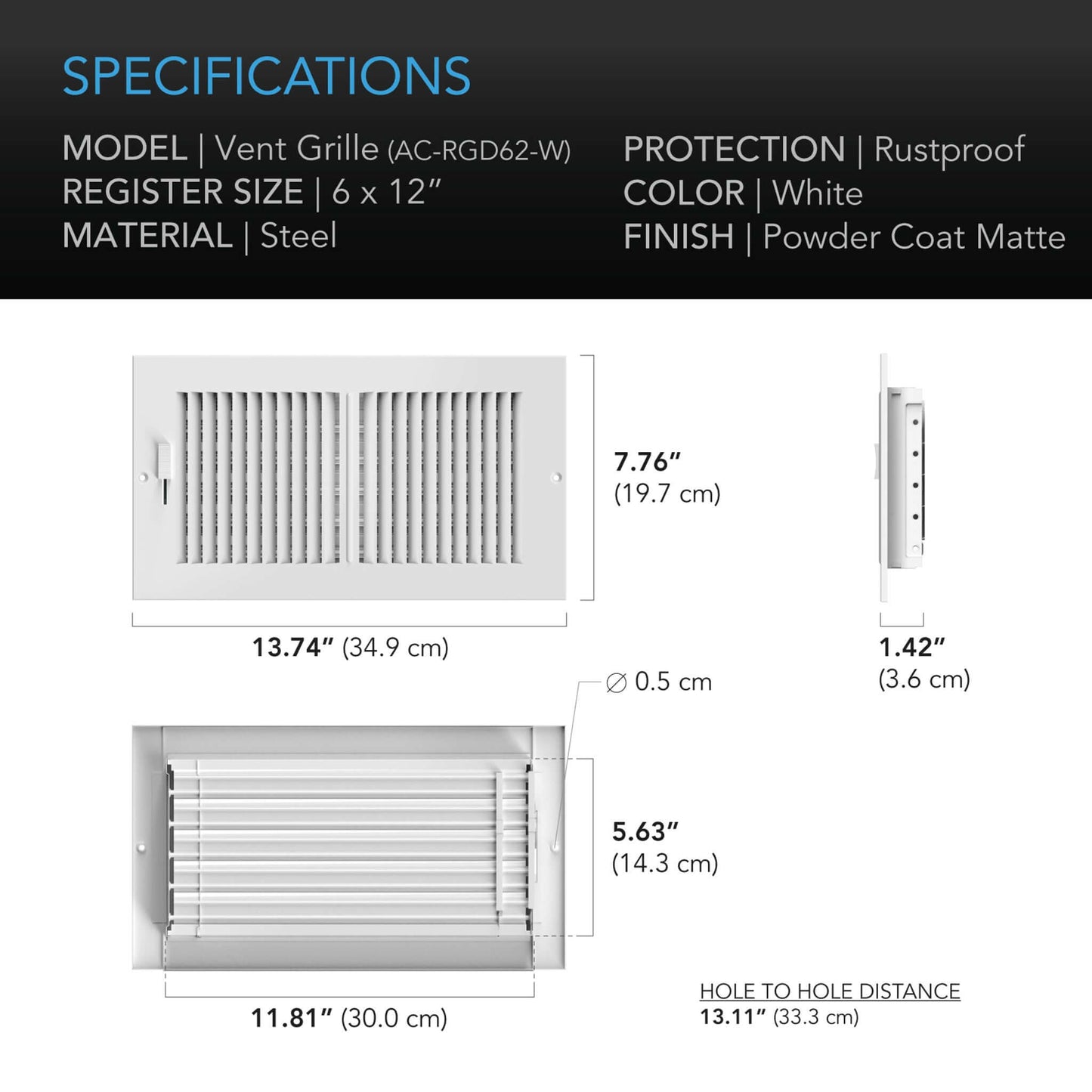 AC Infinity Register Ventilation Grille 6" x 12", White