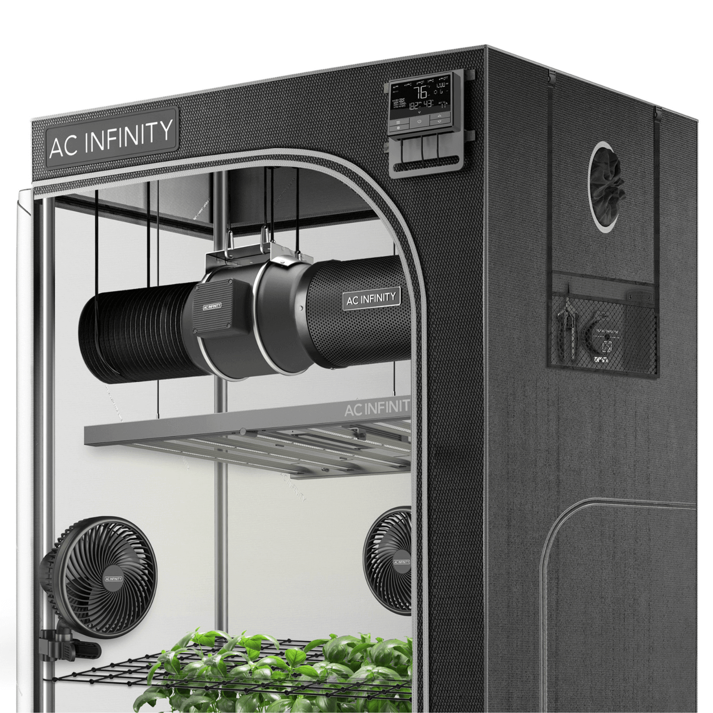 AC Infinity Grow Tent System PRO 4x4 with WiFi controls and LED grow light for indoor plant cultivation.