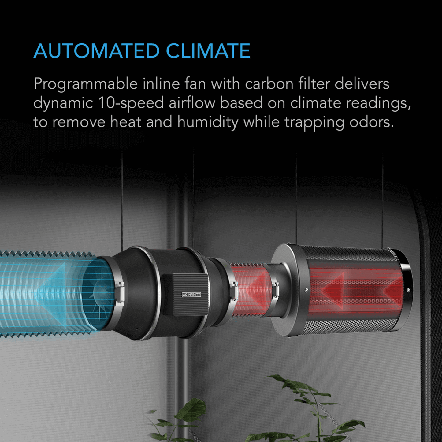 Programmable inline fan with carbon filter for automated climate control in grow tent system, removing heat and odors.