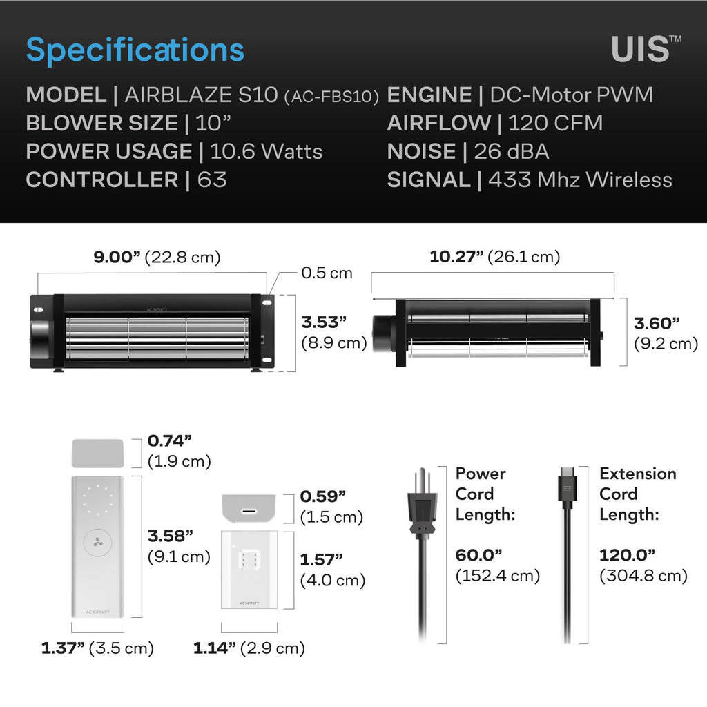 AC Infinity AIRBLAZE S10, Fireplace Blower 10" w/ Wireless Speed Controller product image 6