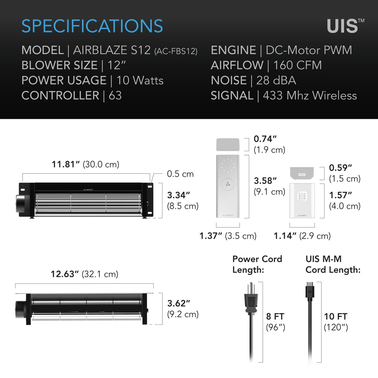AC Infinity AIRBLAZE S12, Fireplace Blower 12" w/ Wireless Speed Controller product image 6