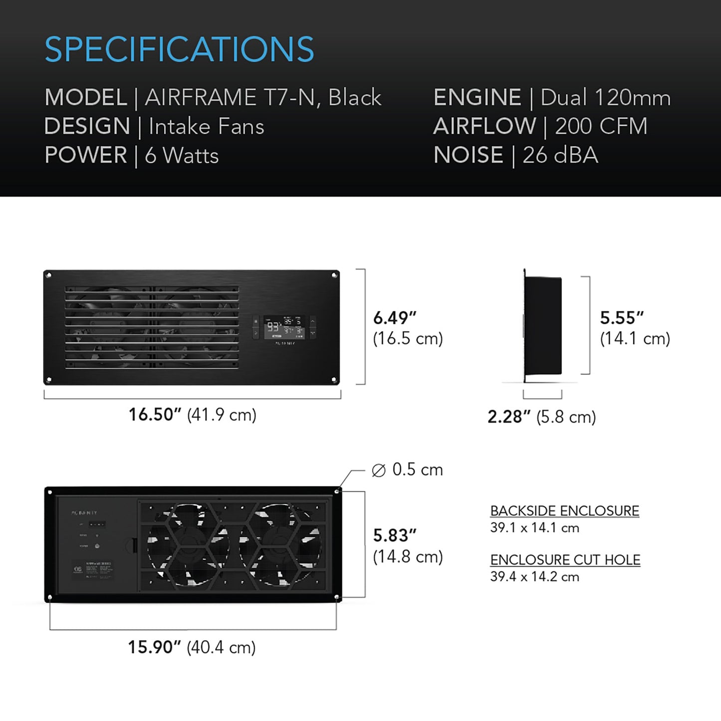 AC Infinity AIRFRAME T7-N Black Equipment Closet & Room Fan System 17" product image 6