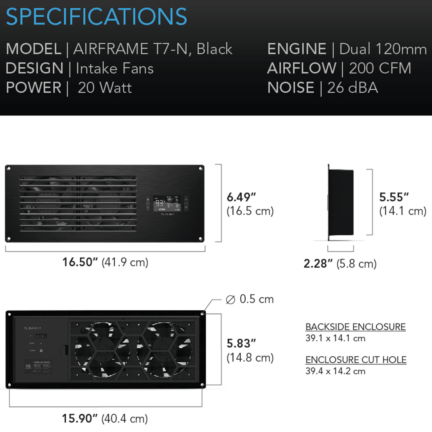 "AC Infinity AIRFRAME T7-N Black fan system specifications and dimensions"