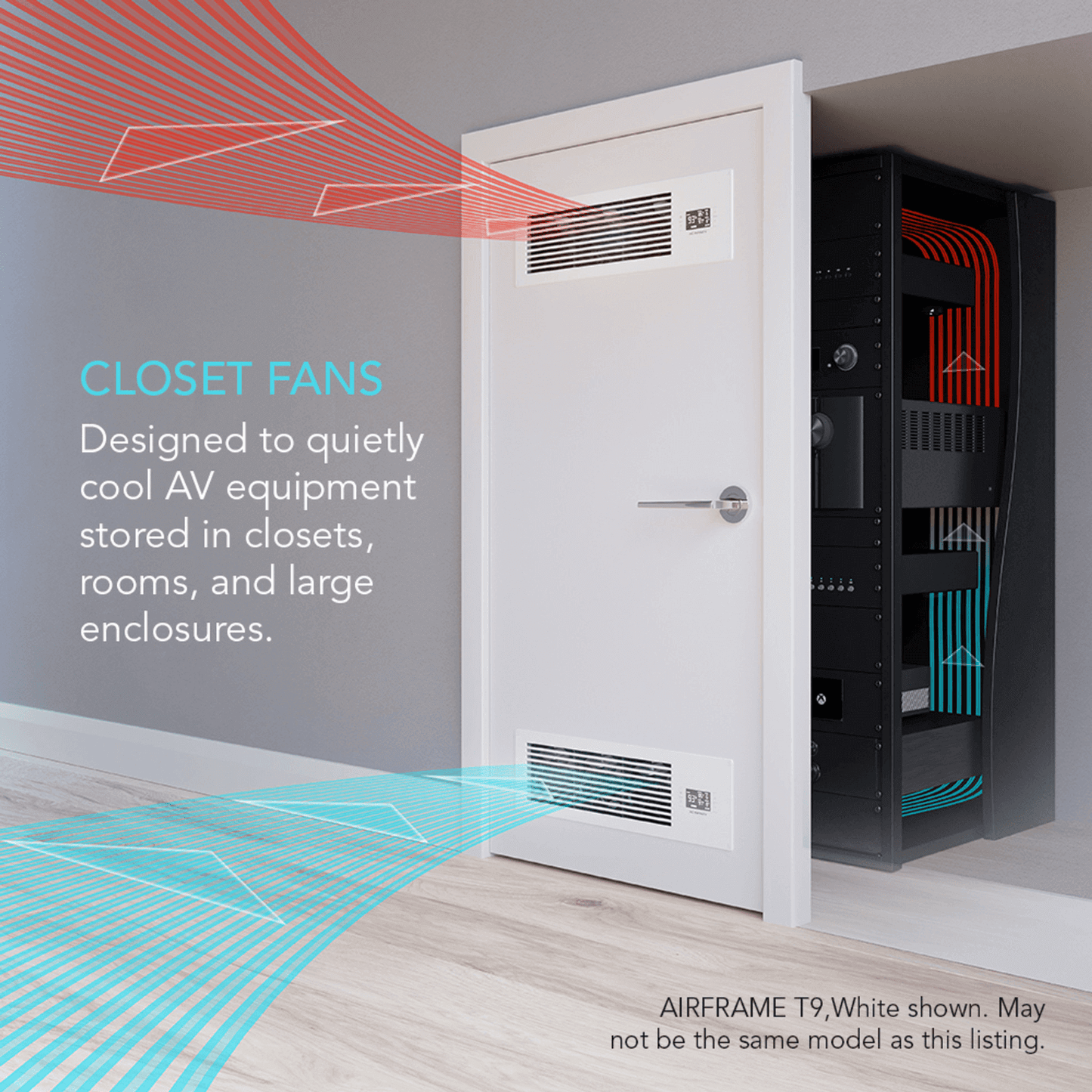 "AC Infinity AIRFRAME T7-N closet fan system cooling AV equipment in a closet"