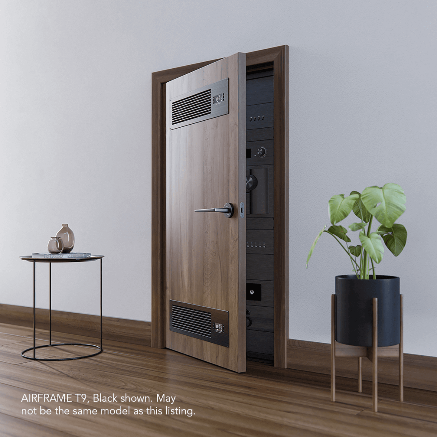 Modern equipment closet with black fan system installed, showcasing airflow ventilation in a stylish wooden door setup.