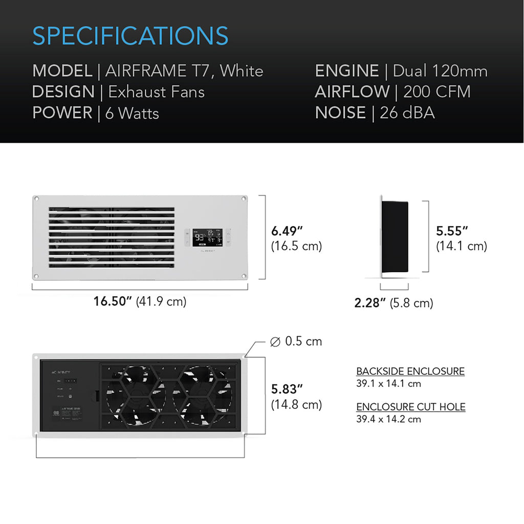 AC Infinity AIRFRAME T7 White Equipment Closet & Room Fan System 17" product image 6