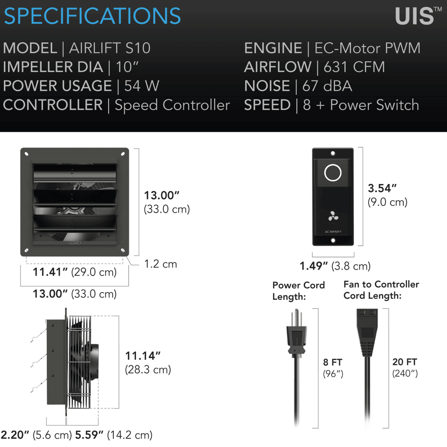 AC Infinity AIRLIFT S10 exhaust fan specifications, speed controller, 10" impeller, 631 CFM airflow, 67 dBA noise, 54W power usage.