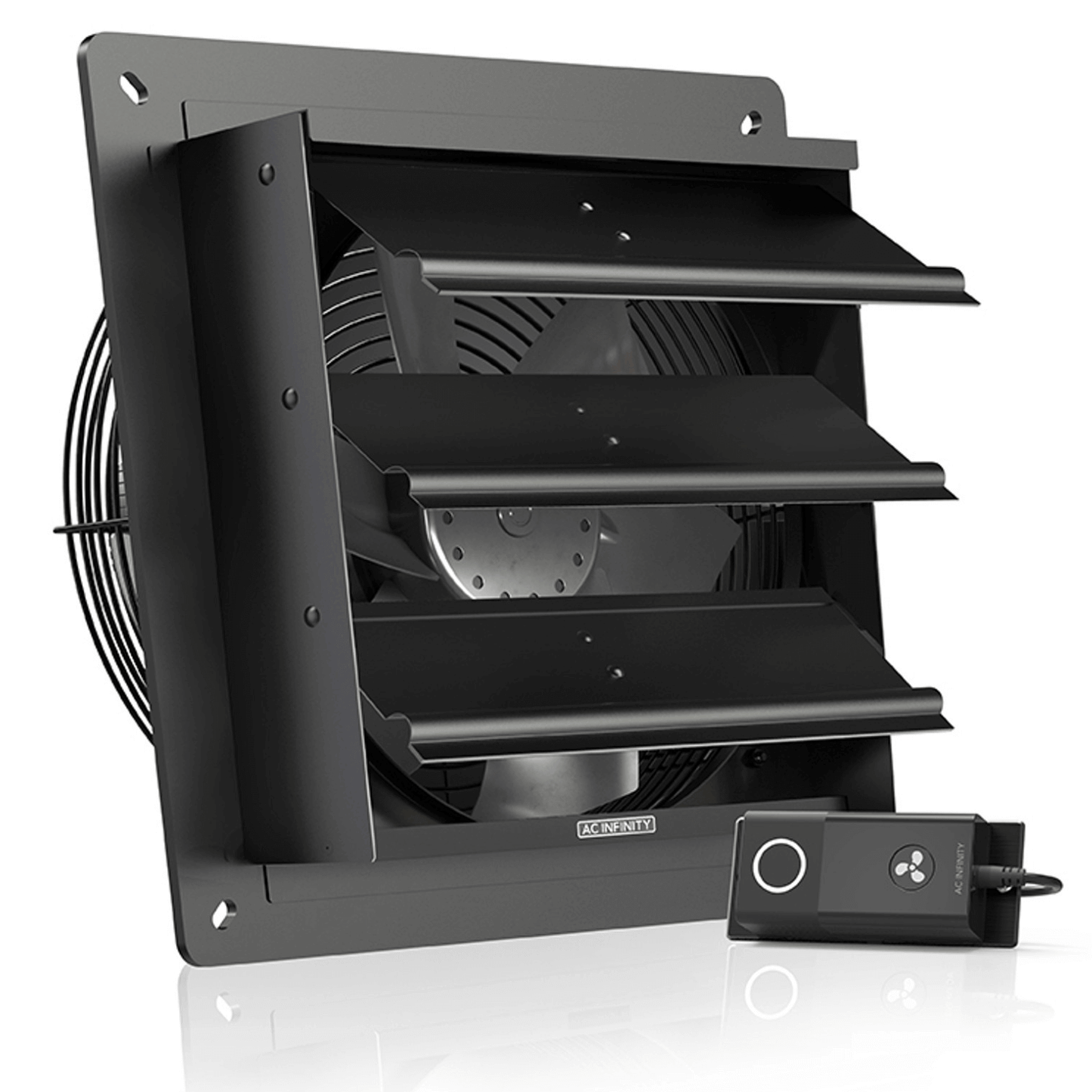 AC Infinity AIRLIFT S10 10" exhaust fan with speed controller, featuring steel shutters and aluminum blades for efficient ventilation.