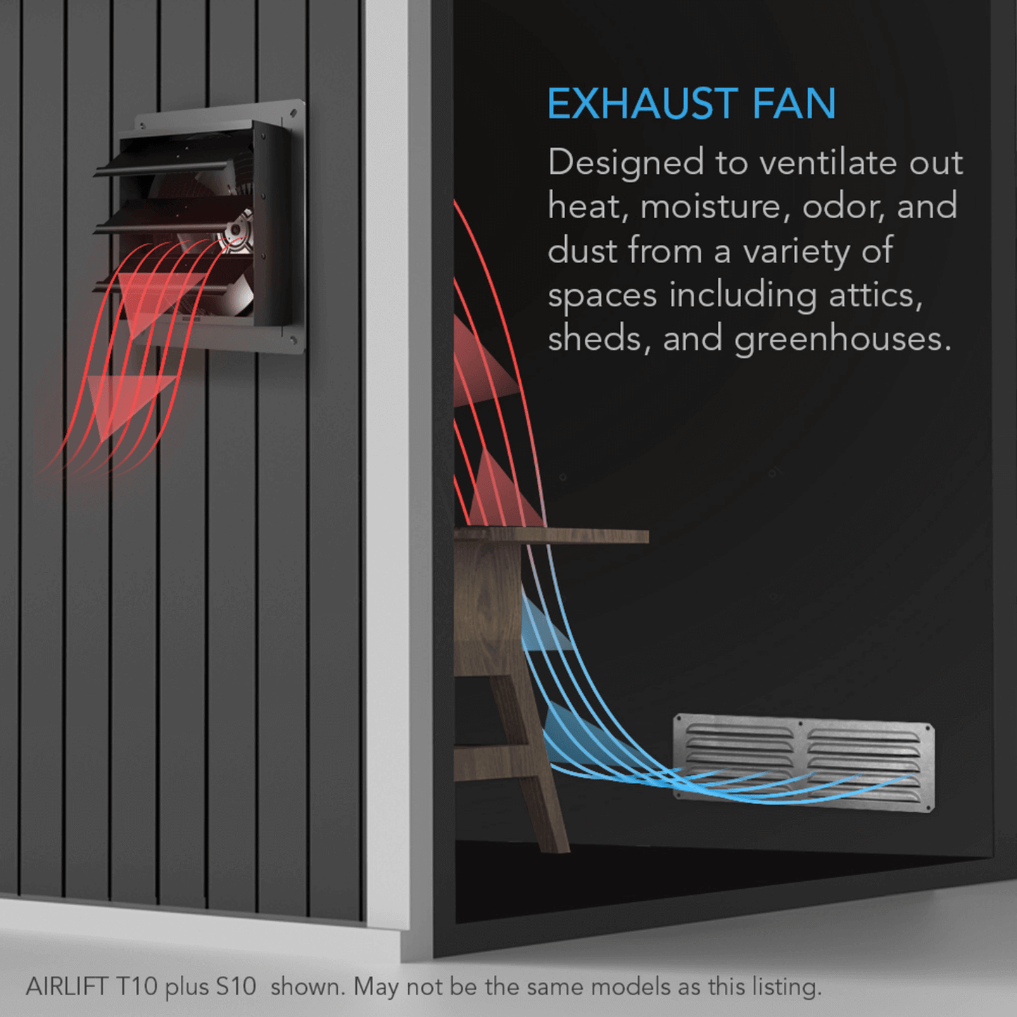 AC Infinity exhaust fan ventilating heat and moisture from attic, sheds, and greenhouses with airflow visualization.