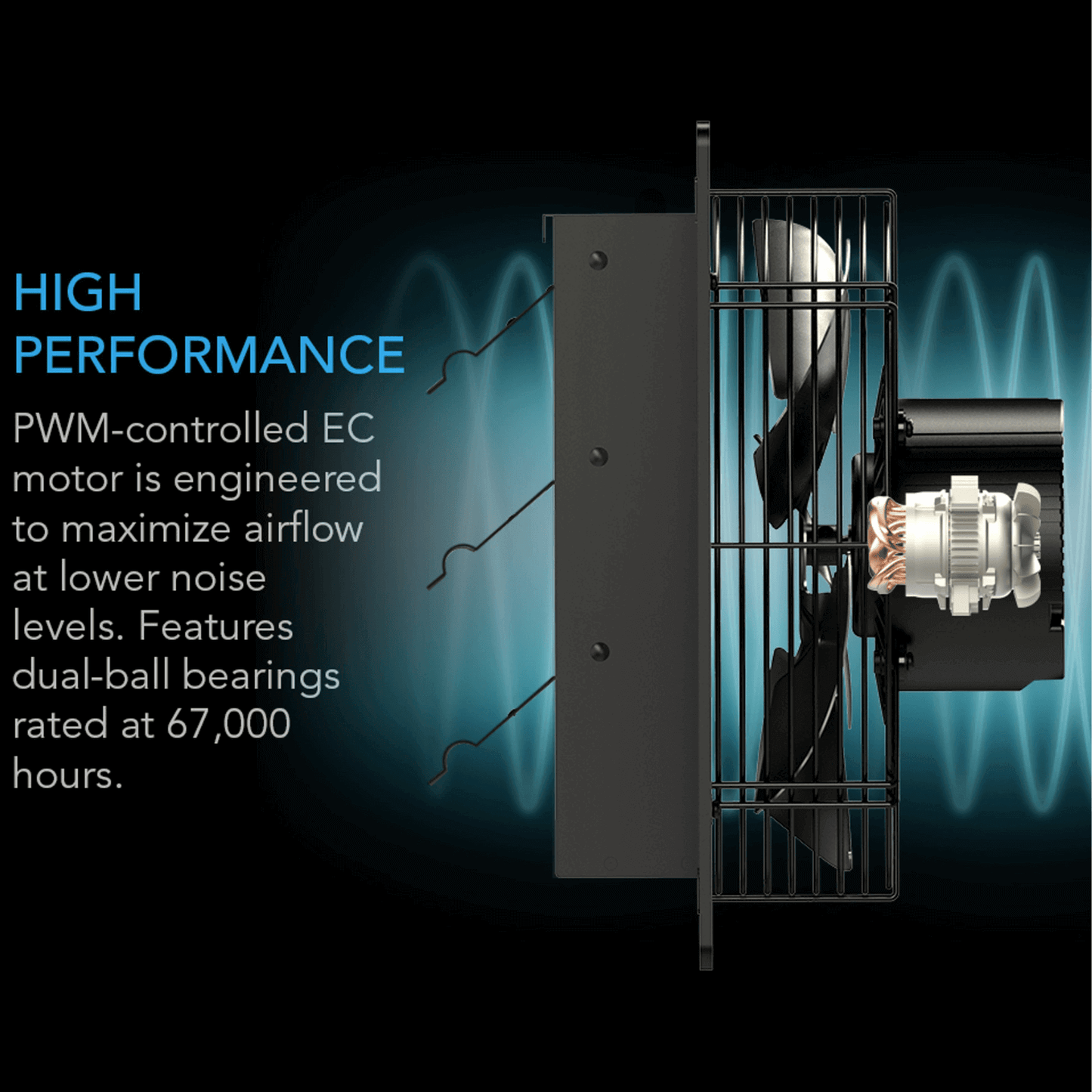 Side view of AC Infinity AIRLIFT S12 fan with PWM-controlled EC motor for high performance and dual-ball bearings for durability.