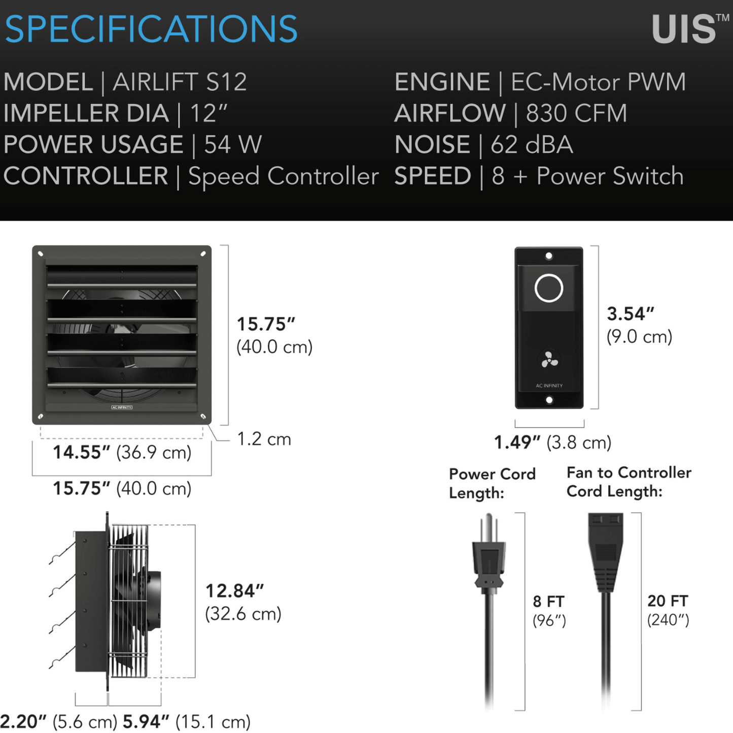 Specifications for AC Infinity AIRLIFT S12 exhaust fan with speed controller, featuring 12" impeller and 830 CFM airflow capacity.