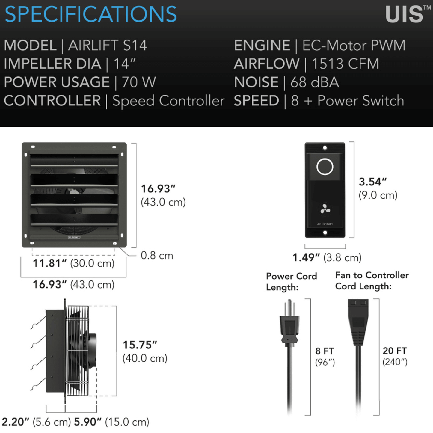 "AC Infinity AIRLIFT S14 14-inch ventilation fan specs, speed controller, 1513 CFM airflow, 70W power usage, 68 dBA noise level"