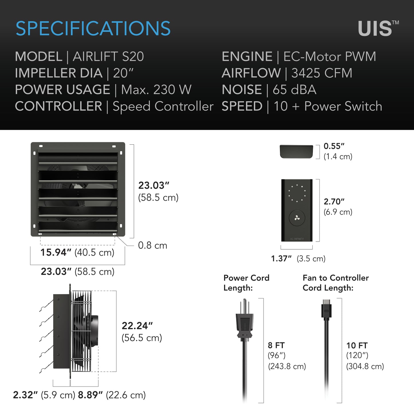 AC Infinity AIRLIFT S20 Shutter Exhaust Ventilation Fan 20" Speed product image 6