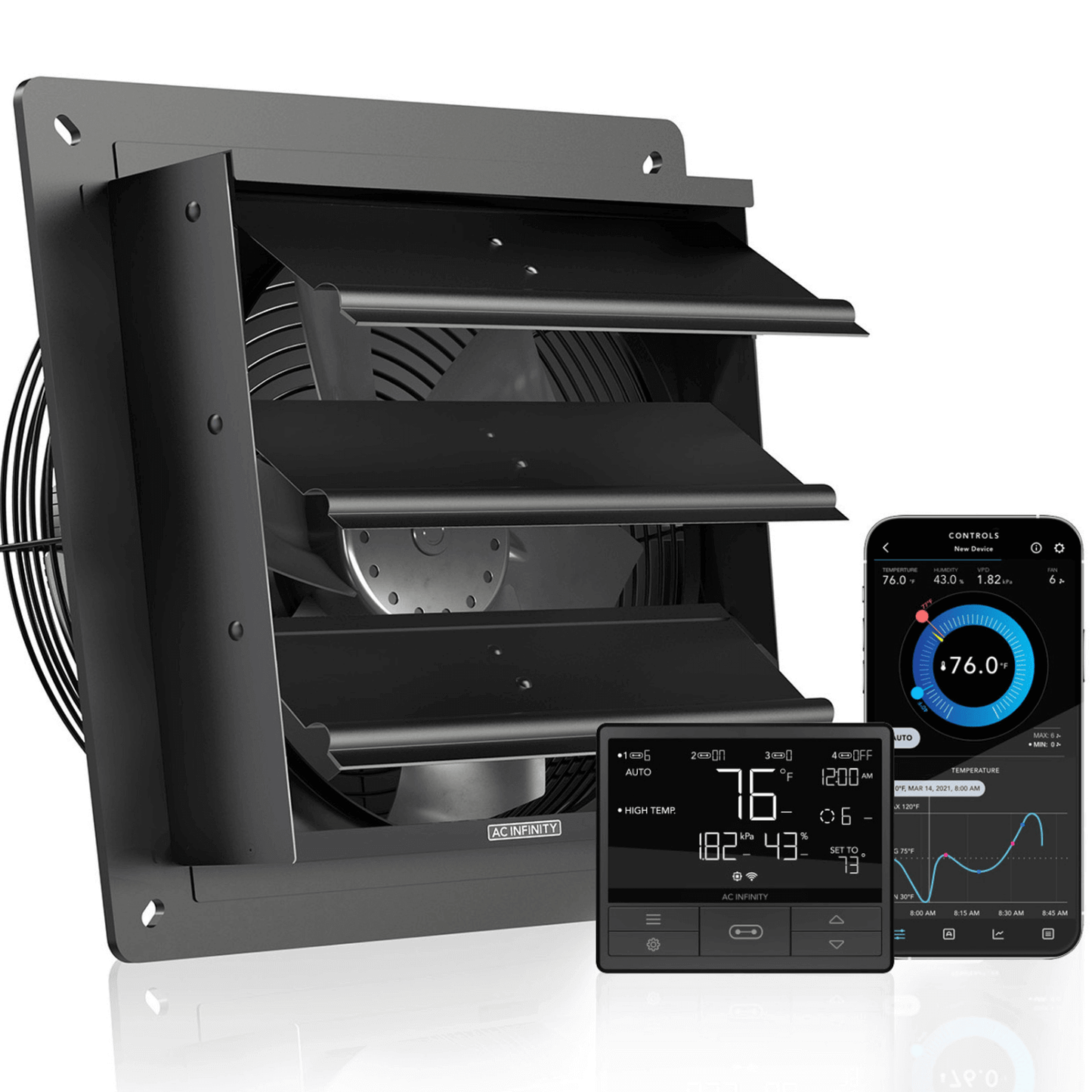 AC Infinity AIRLIFT T10 with temperature and humidity controller, featuring WiFi app display for ventilation and airflow control.