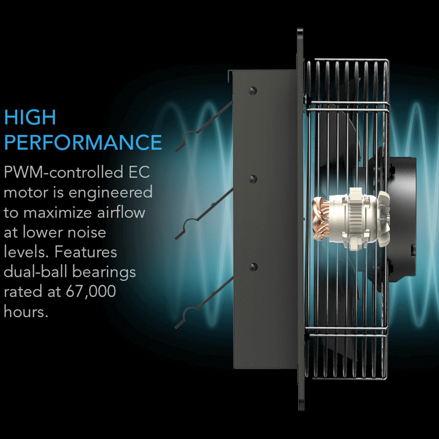 AC Infinity AIRLIFT T10 fan side view showcasing PWM-controlled EC motor and dual-ball bearings for high performance and low noise.