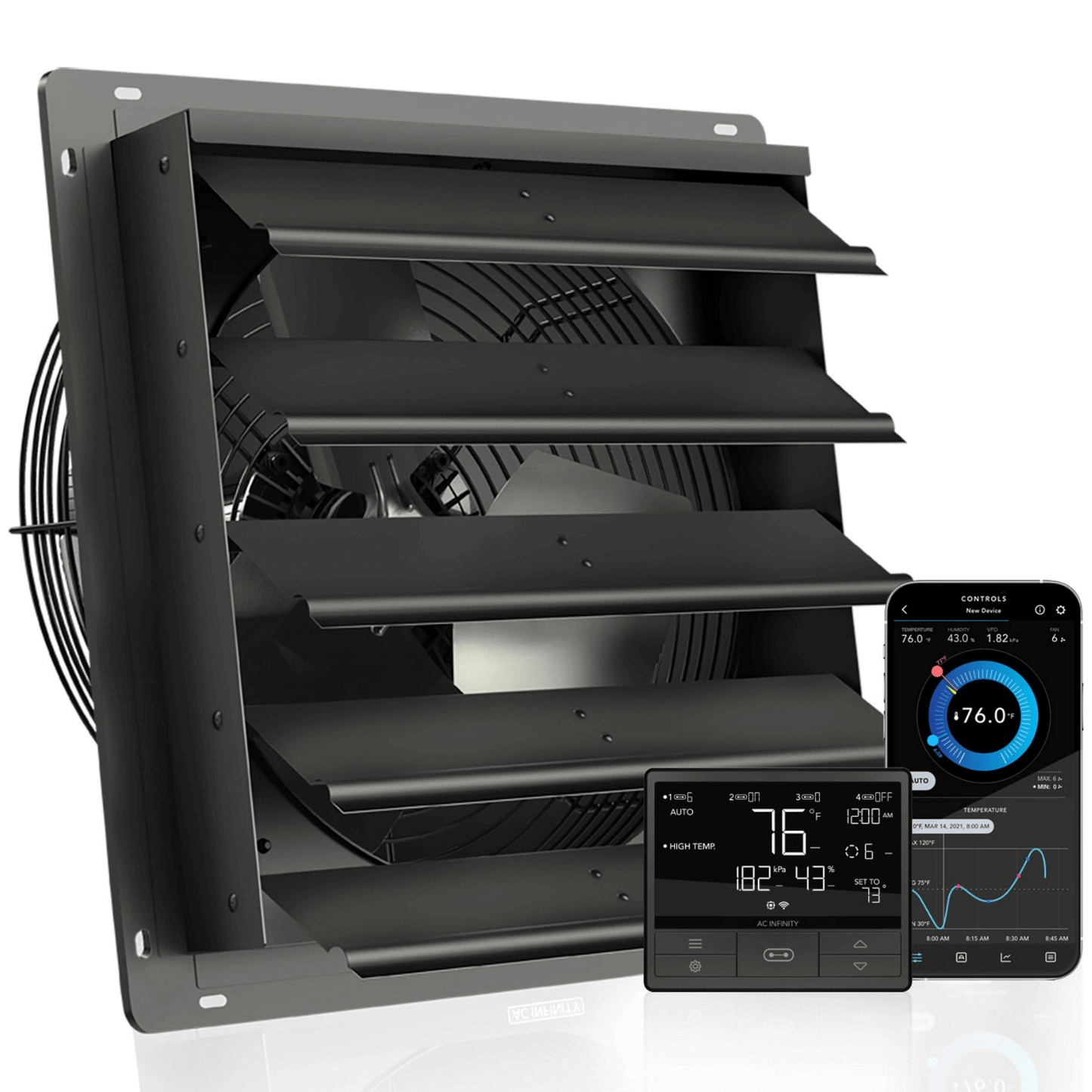 AC Infinity AIRLIFT T16 smart shutter exhaust fan with temperature and humidity controller, WiFi app connectivity.