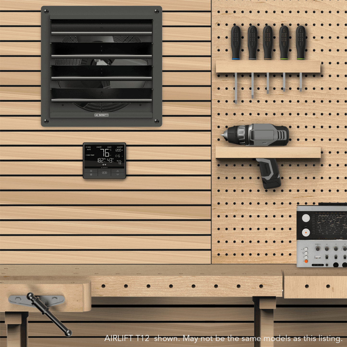 Workshop with AC Infinity AIRLIFT Fan, temperature controller, and tools on wooden wall display.