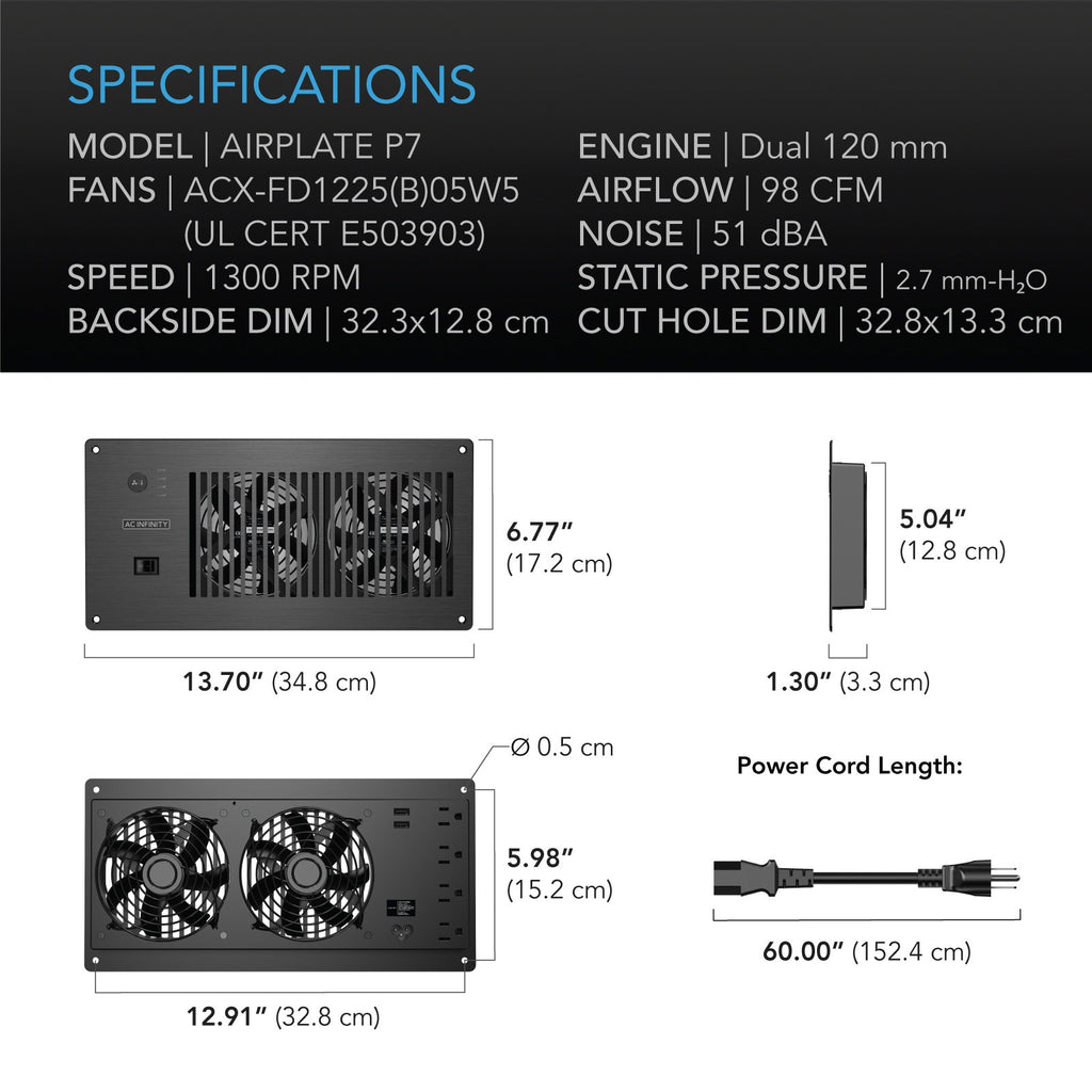 AC Infinity AIRPLATE P7, Cabinet Cooling Fan w/ Outlets & USB Ports, Thermal Trigger product image 6
