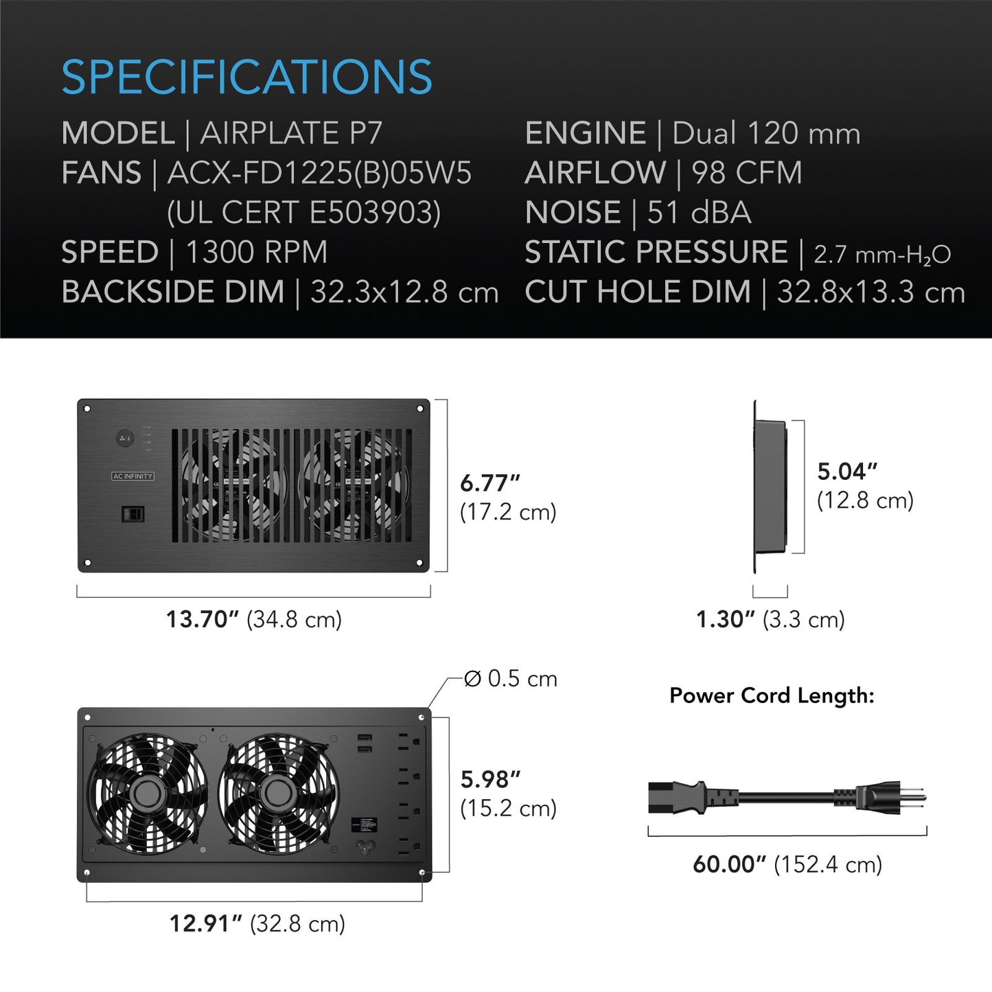 AC Infinity AIRPLATE P7, Cabinet Cooling Fan w/ Outlets & USB Ports, Thermal Trigger product image 6
