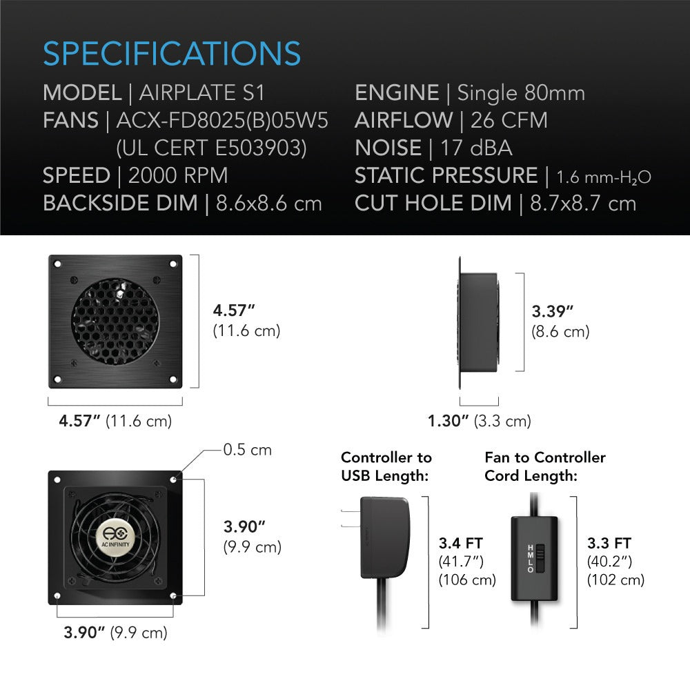 AC Infinity AIRPLATE S1, Quiet Cabinet Cooling Fan 4" w/ Speed Controller product image 6