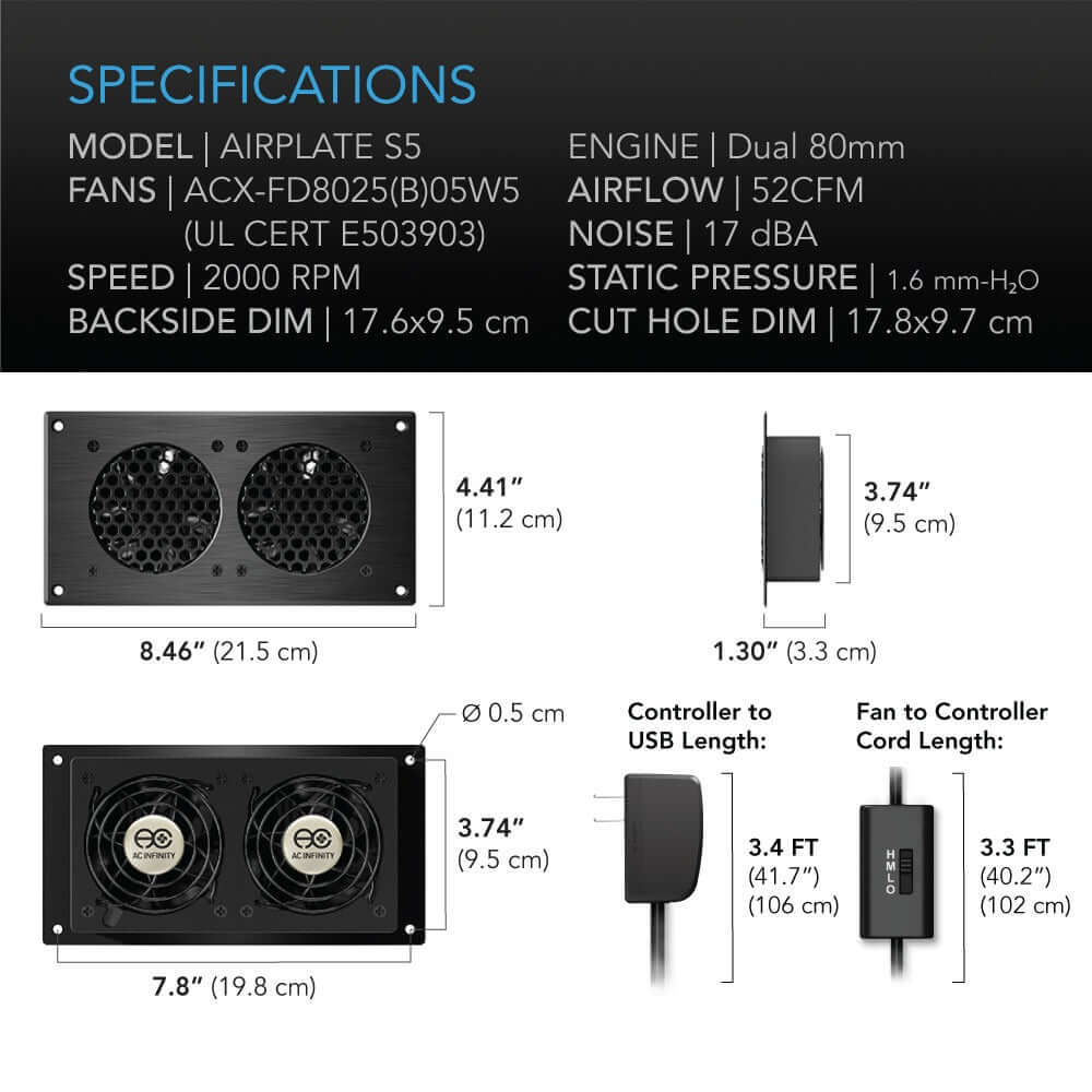 AC Infinity AIRPLATE S5 Quiet Cabinet Cooling Fan 8" w/ Speed product image 6