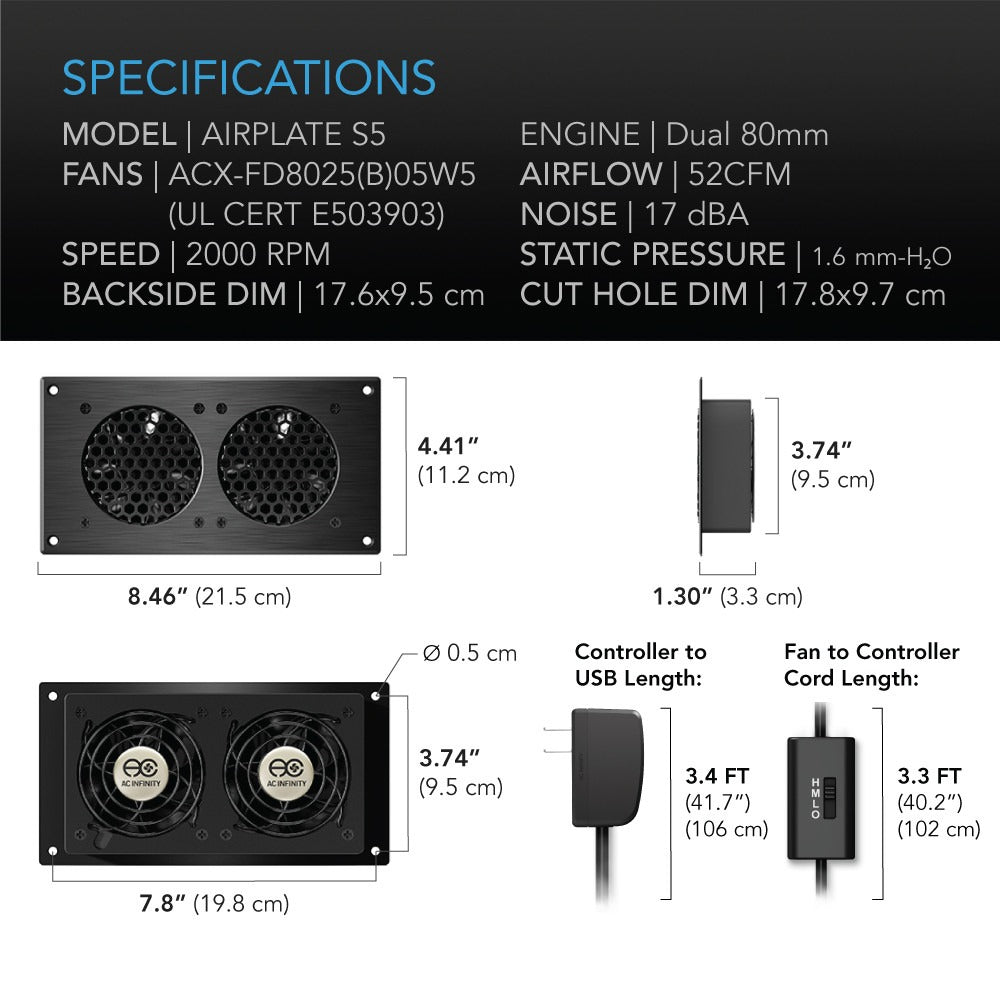 AC Infinity AIRPLATE S5, Quiet Cabinet Cooling Fan 8" w/ Speed Controller product image 6