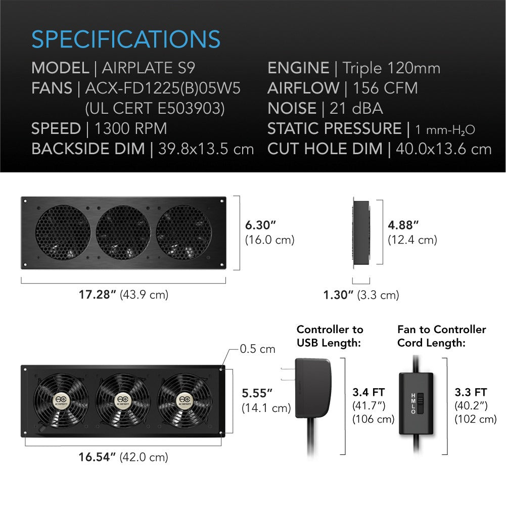 AC Infinity AIRPLATE S9, Quiet Cabinet Cooling Fan 18" w/ Speed Controller product image 6