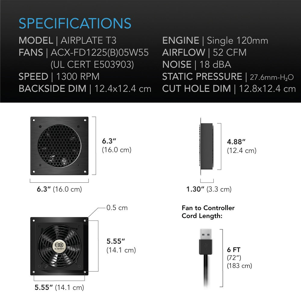 AC Infinity AIRPLATE T3, Quiet Cabinet Cooling Fan 6" w/ Temperature Controller product image 6