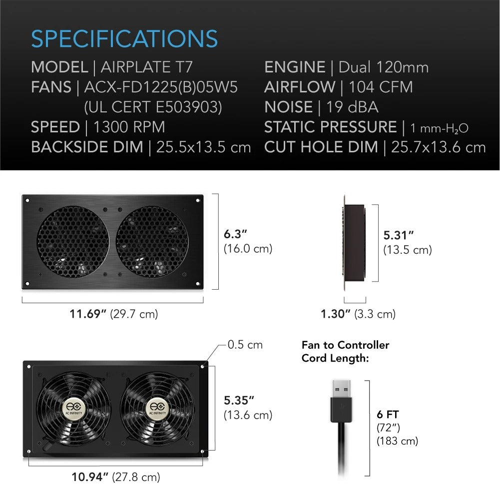 AC Infinity AIRPLATE T7, Quiet Cabinet Cooling Fan 12" w/ Temperature Controller product image 6