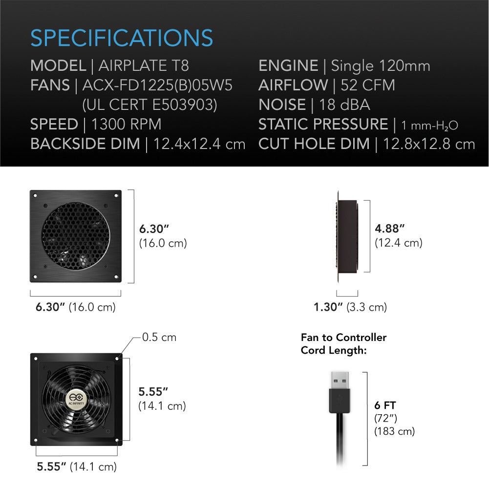 AC Infinity AIRPLATE T8, Quiet Cabinet Cooling Fan Dual 6" w/ Temperature Controller product image 6