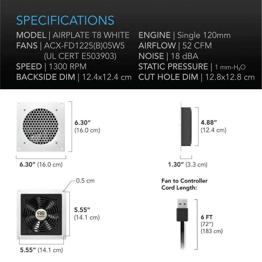 AC Infinity AIRPLATE T8 White Quiet Cabinet Cooling Fan Dual 6" product image 6