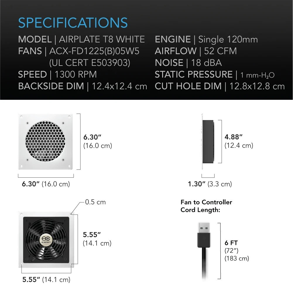 AC Infinity AIRPLATE T8 White, Quiet Cabinet Cooling Fan Dual 6" w/ Temperature Controller product image 6