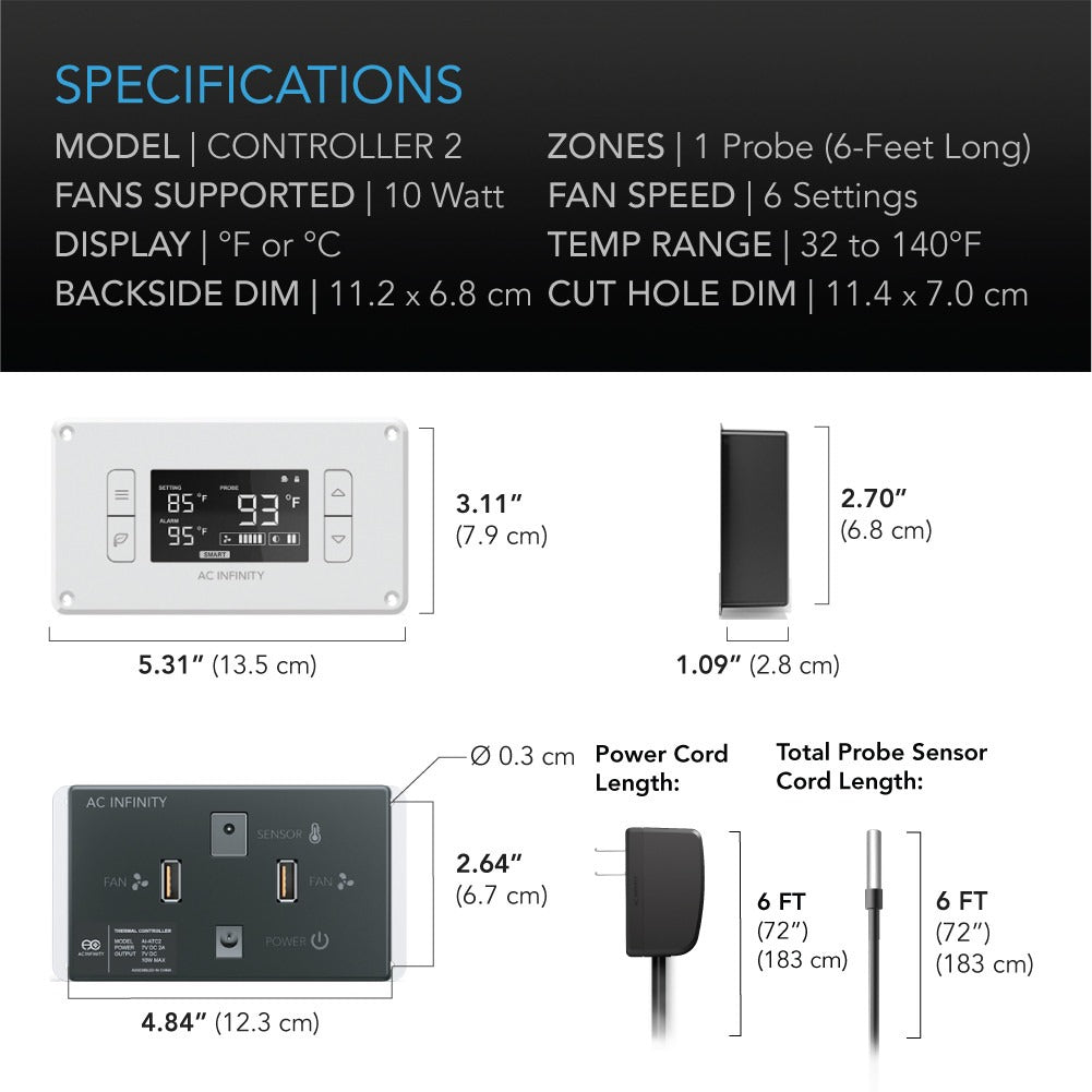 AC Infinity AIRPLATE T8 White, Quiet Cabinet Cooling Fan Dual 6" w/ Temperature Controller product image 7