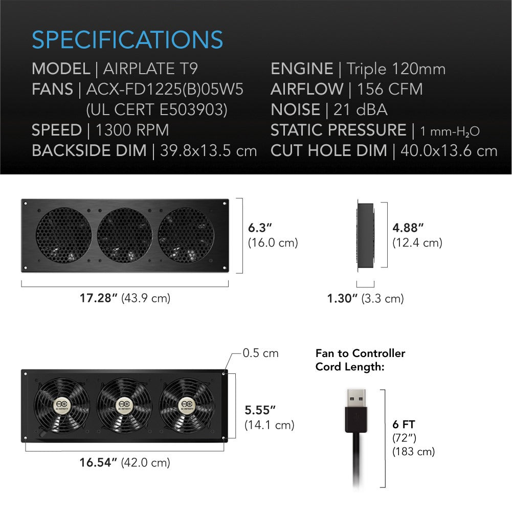 AC Infinity AIRPLATE T9, Quiet Cabinet Cooling Fan 18" w/ Temperature Controller product image 6