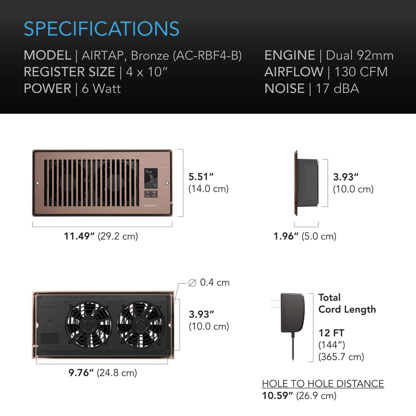 AC Infinity AIRTAP T4, Quiet Register Booster Fan System, Brown Bronze, for 4" x 10" Registers