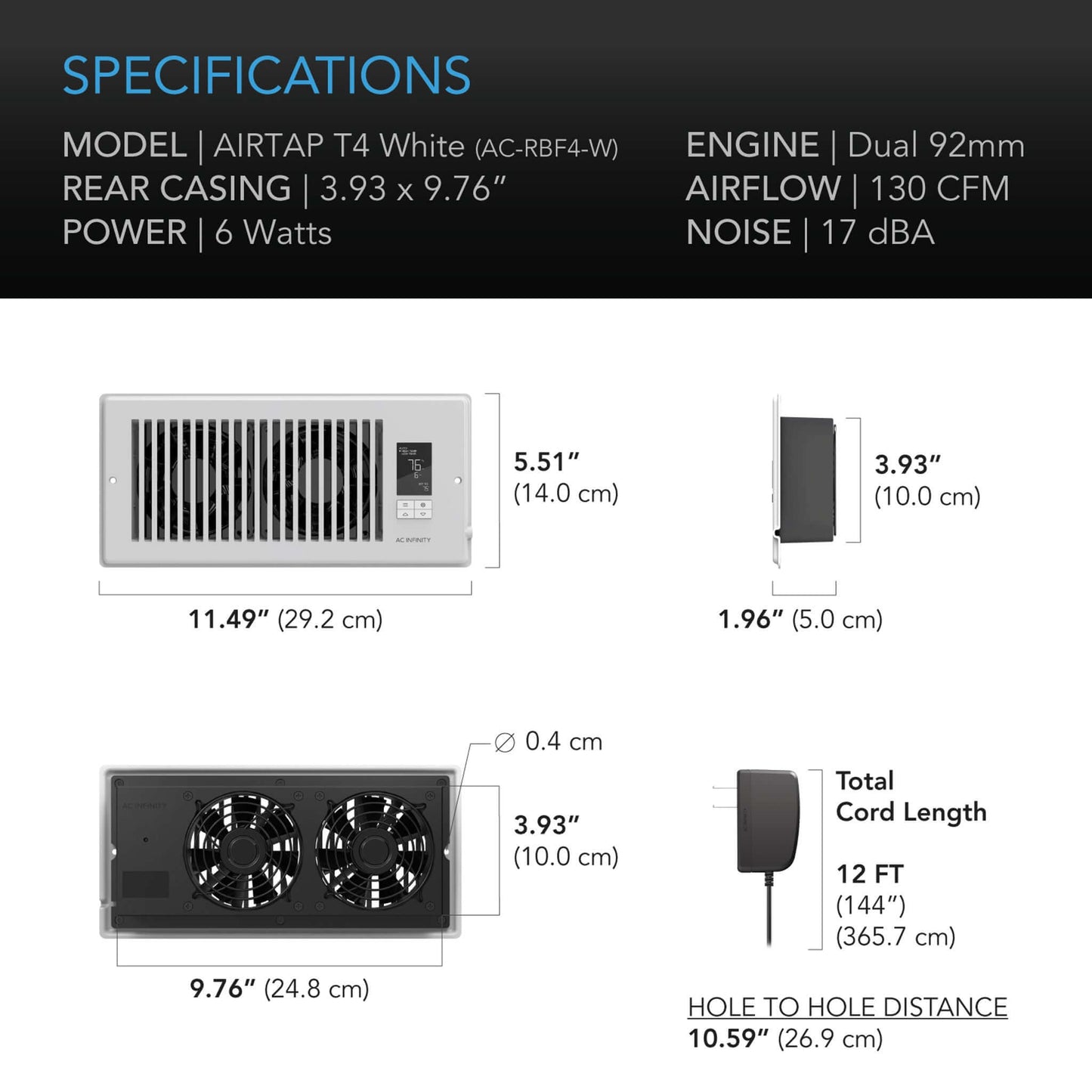AC Infinity AIRTAP T4, Quiet Register Booster Fan System, White, for 4" x 10" Registers