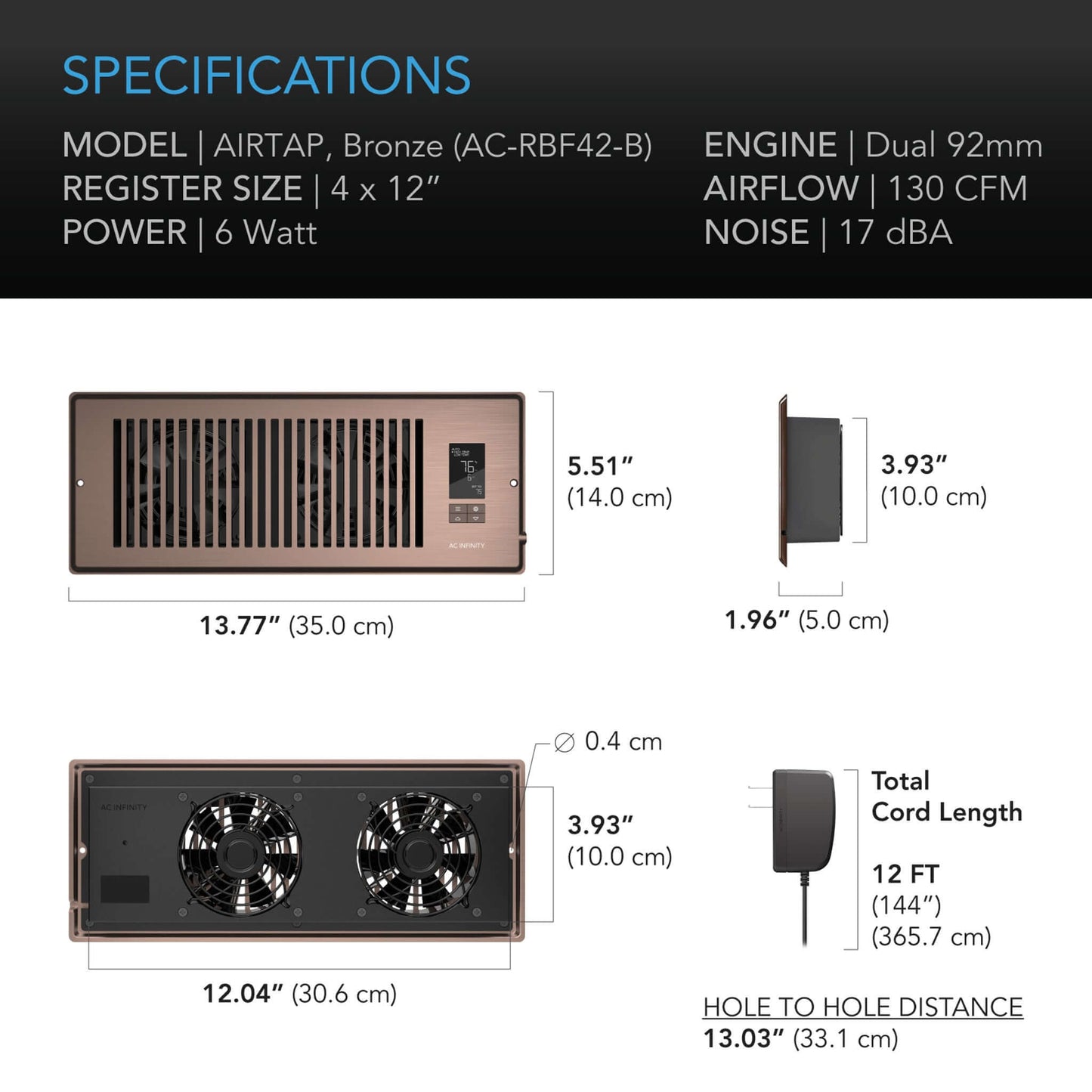 AC Infinity AIRTAP T4, Quiet Register Booster Fan System, Brown Bronze, for 4" x 12" Registers