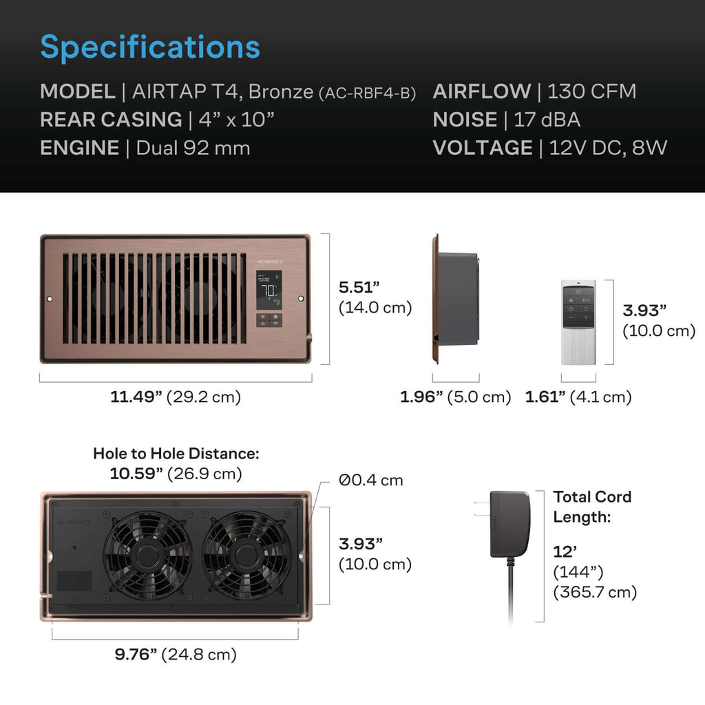 AC Infinity AIRTAP T4 Quiet Register Booster Fan System Brown Bronze product image 6