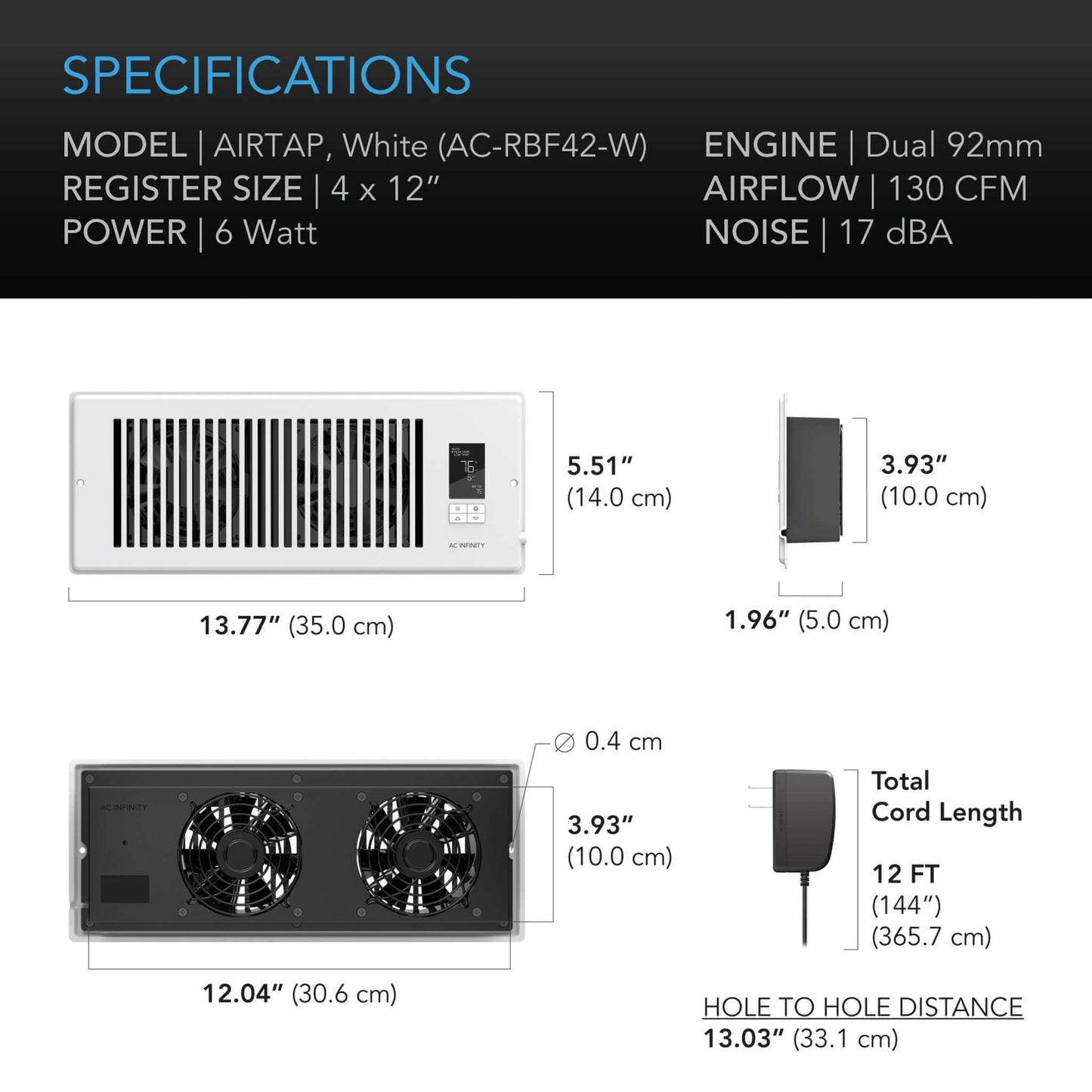 AC Infinity AIRTAP T4, Quiet Register Booster Fan System, White, for 4" x 12" Registers