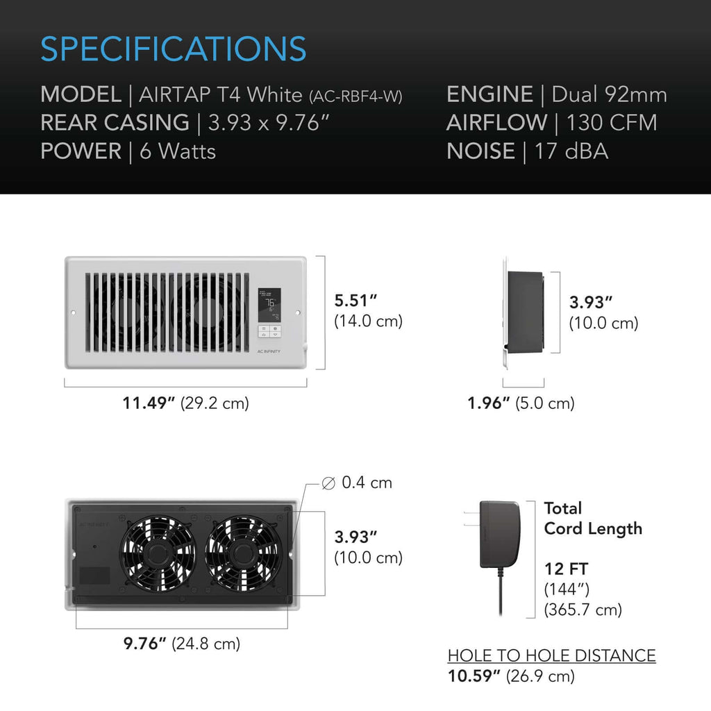 AC Infinity AIRTAP T4 Quiet Register Booster Fan System White product image 6