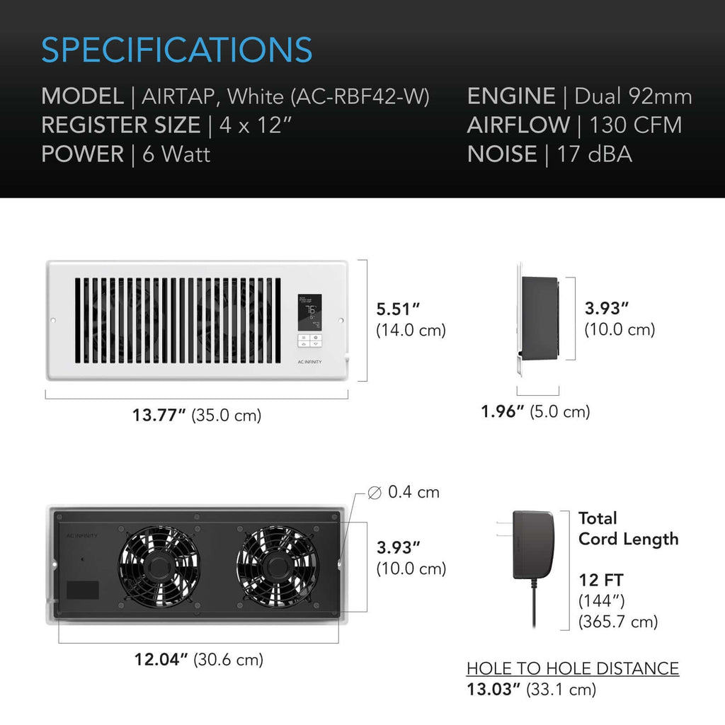 AC Infinity AIRTAP T4 Quiet Register Booster Fan System White product image 6