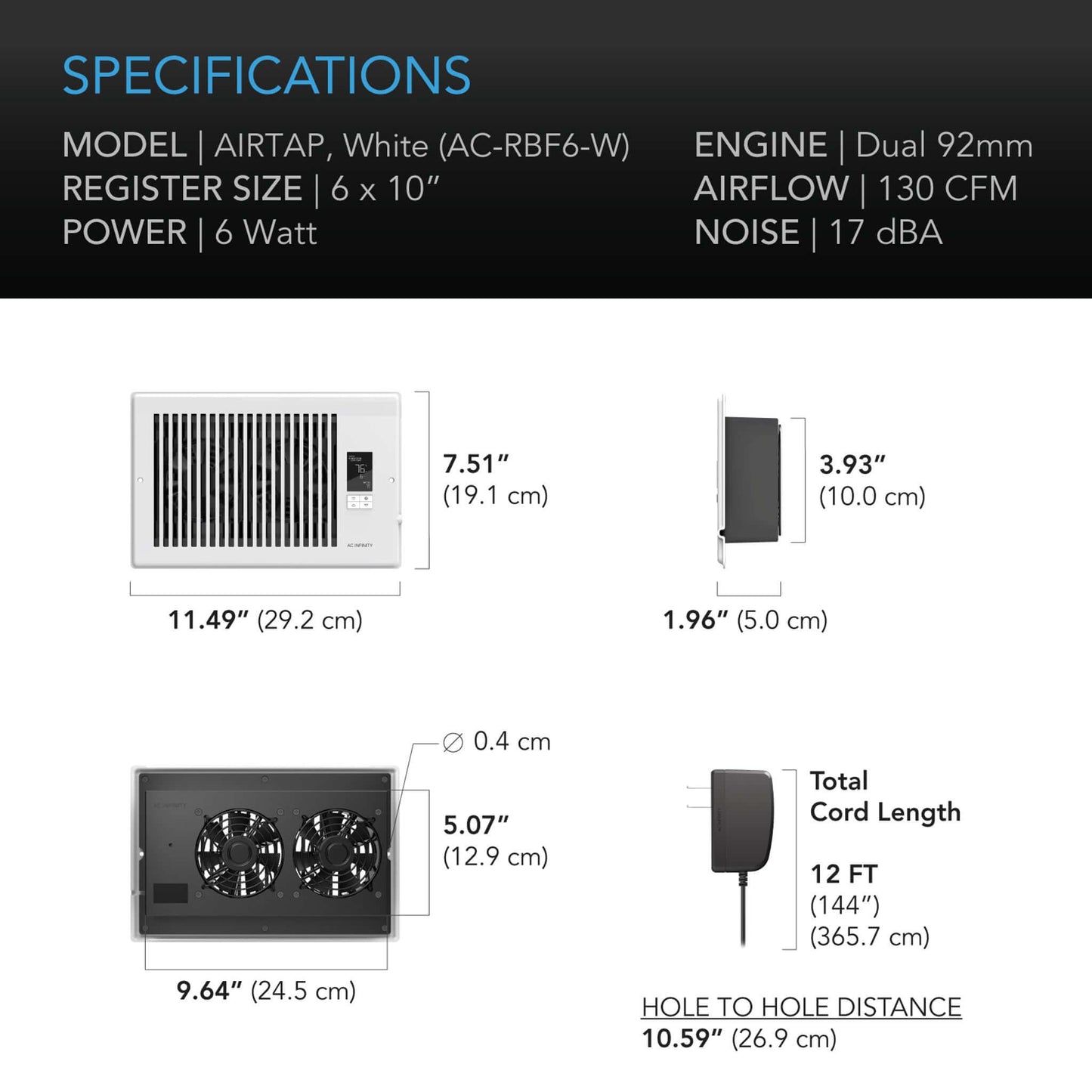 AC Infinity AIRTAP T6, Quiet Register Booster Fan System, White, for 6" x 10" Registers