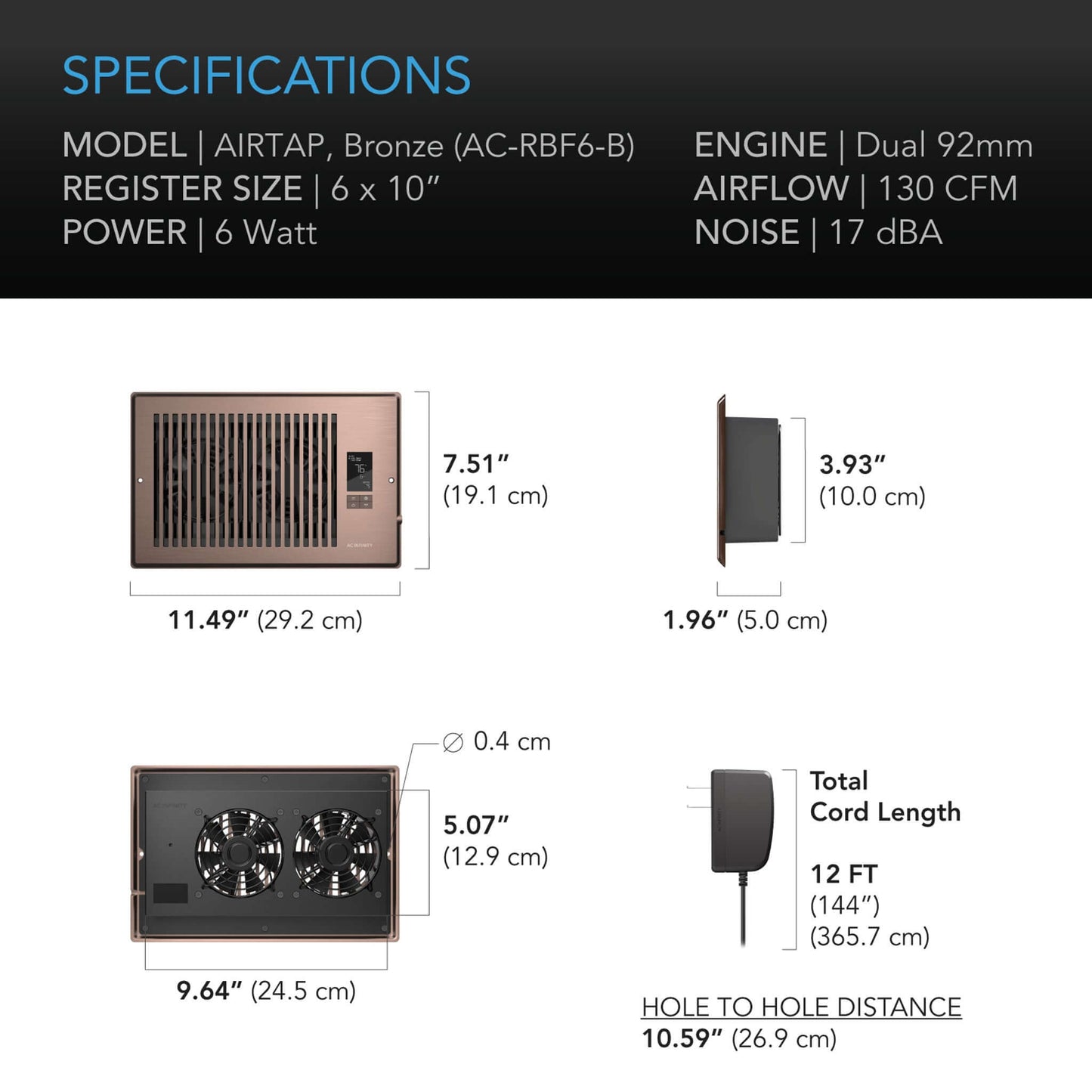 AC Infinity AIRTAP T6, Quiet Register Booster Fan System, Bronze, for 6" x 10" Registers